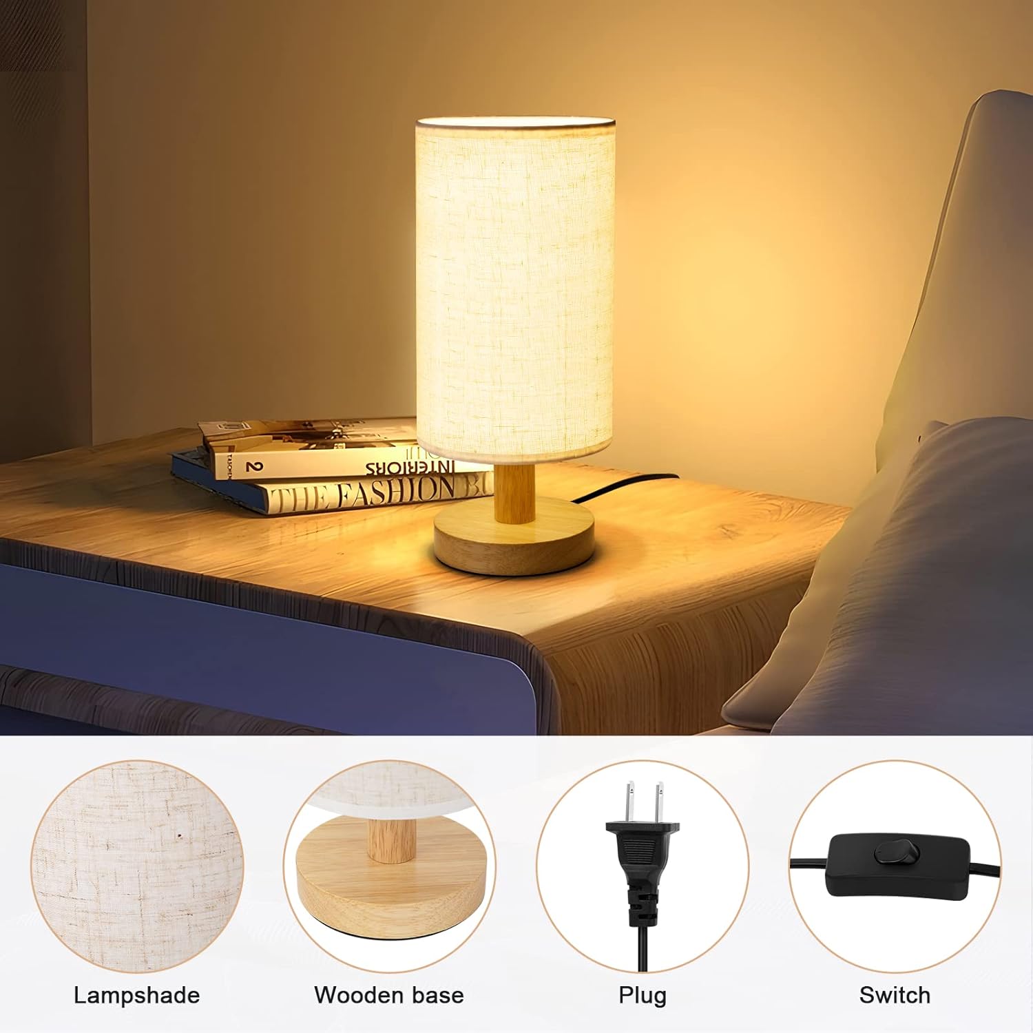 Small Bedside Table Lamp for Bedroom, Minimalist Wood Base & Round Fabric Shade, Mini Cute Cozy Warm White Nightstand Boho Lamp, Study Desk Night Stand Light for Room, Dorm, Nursery, Living Room