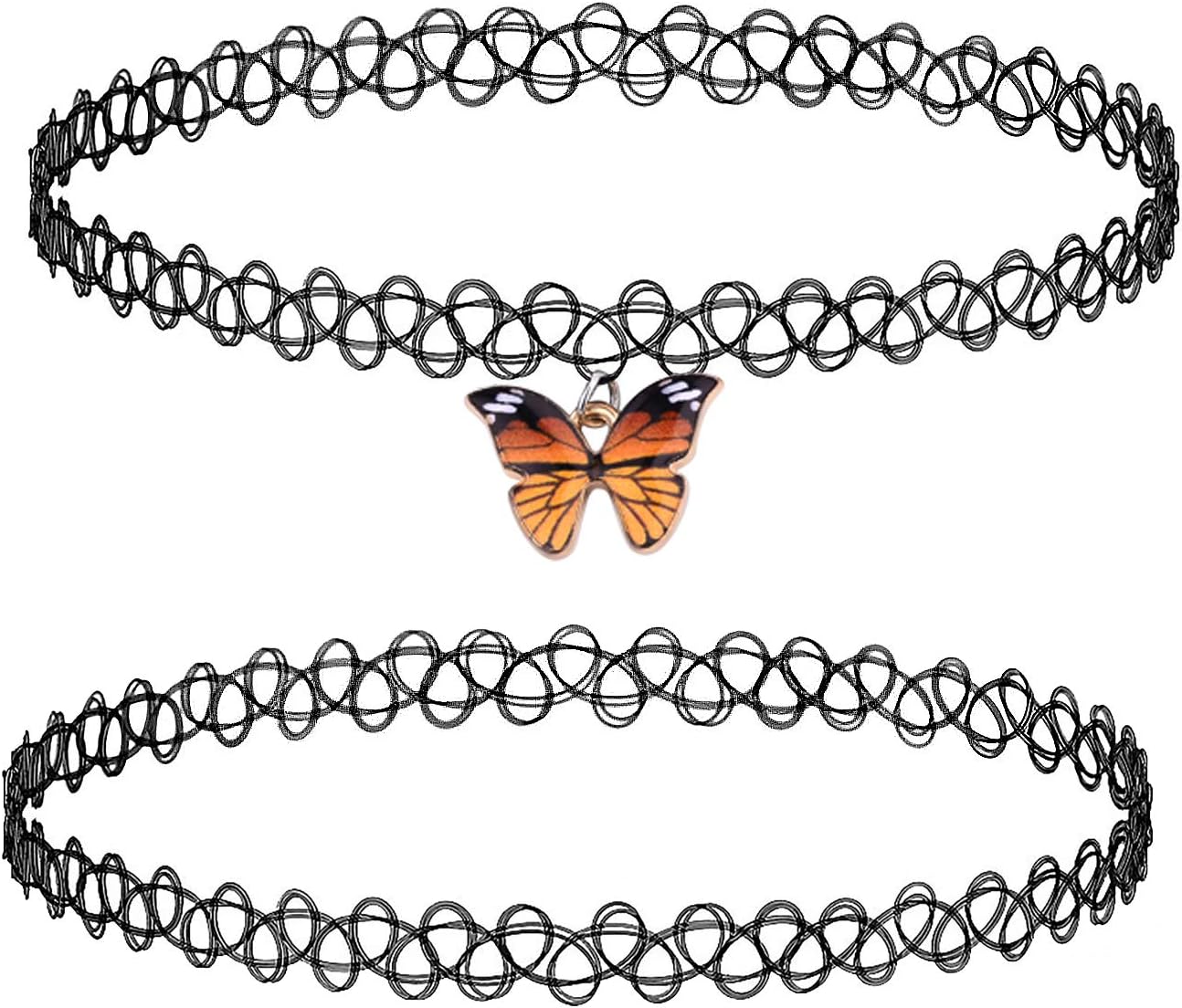 BodyJ4You 2PC Tattoo Choker Necklace - 90s Choker Necklace Women - 2000s Y2K Black Chokers Rainbow Choker - Butterfly Ying Yang Unicorn Rainbow Charms - Stretchy Elastic Necklace
