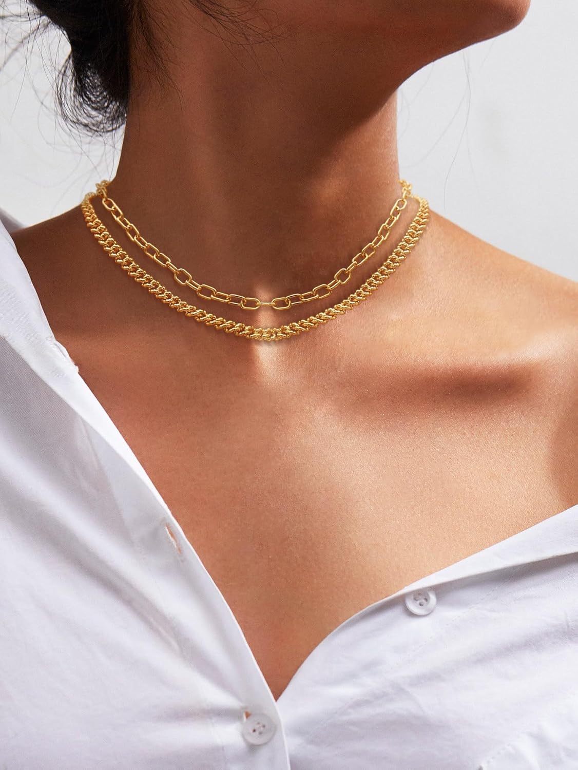 Moodear Gold Necklace for Women Dainty Chunky 14K Gold Plated/Sliver Plated Chain Necklace Cuban Link Paperclip Chain Choker Toggle Clasp Layered Necklace for Women Trendy Fashion Gift