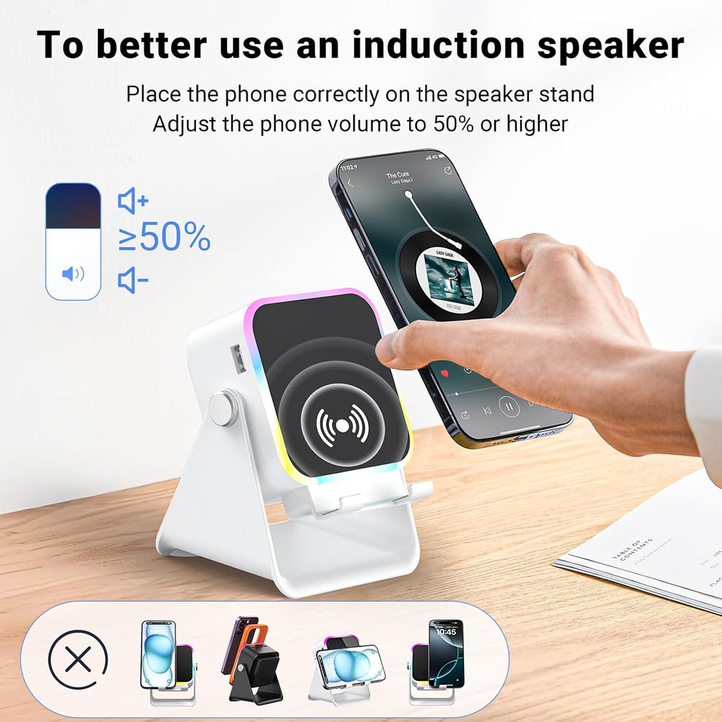 Induction Speaker with Phone Stand 5 in 1 Wireless Induction Bluetooth Audio for iPhone Android Phone Speakers Amplifier with Rechargeable Colorful Light, Birthday Gifts for Men Women Teens (Black)