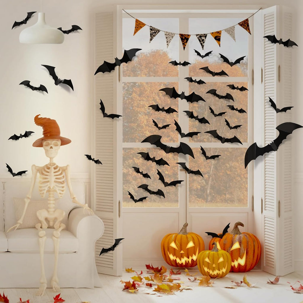 LUDILO 100pcs Bats Halloween Decorations: Halloween Bats Wall Décor Bat Stickers Decals PVC 3D Wall Bat Scary Stickers Halloweens Party Decorations Indoor Outdoor DIY Home Window Door Décor
