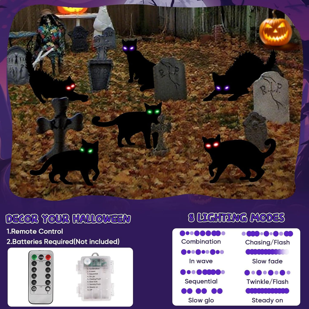 6Pack Black Cat Halloween Decorations Outdoor with LED Glowing Eyes Lights Black Cat Yard Stakes Halloween Decor, Waterproof Outside Cats Blow up Scary Patio Lawn Decorations