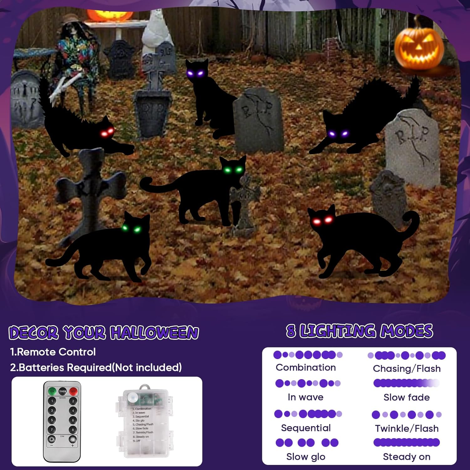 6Pack Black Cat Halloween Decorations Outdoor with LED Glowing Eyes Lights Black Cat Yard Stakes Halloween Decor, Waterproof Outside Cats Blow up Scary Patio Lawn Decorations