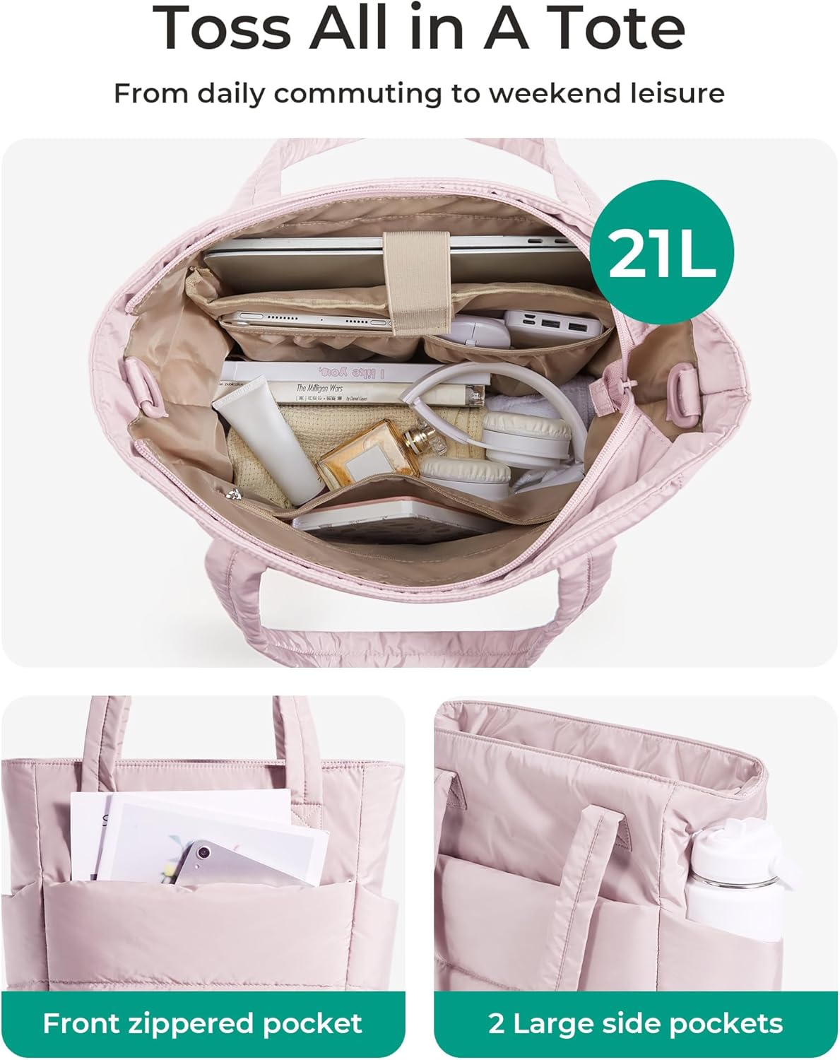 BAGSMART Tote Bag for Women, Lightweight Puffy Tote Bag with Compartments Shoulder Bag Handbag for Travel, Work, Gym