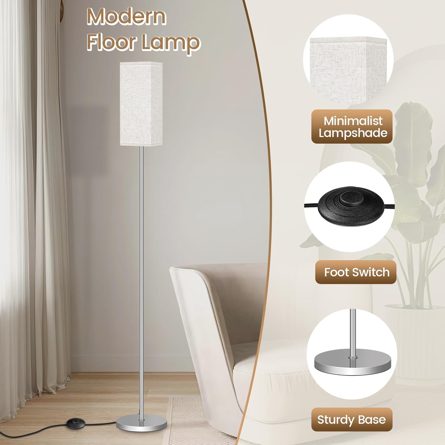 64.6" Floor Lamp, Pole with Foot Switch, Modern Standing Lamp Lampshade, Minimalist Freestanding Lamp (Bulb Not Included), for Living Room, Bedroom Office ETL Listed, Black and Beige E07LD05