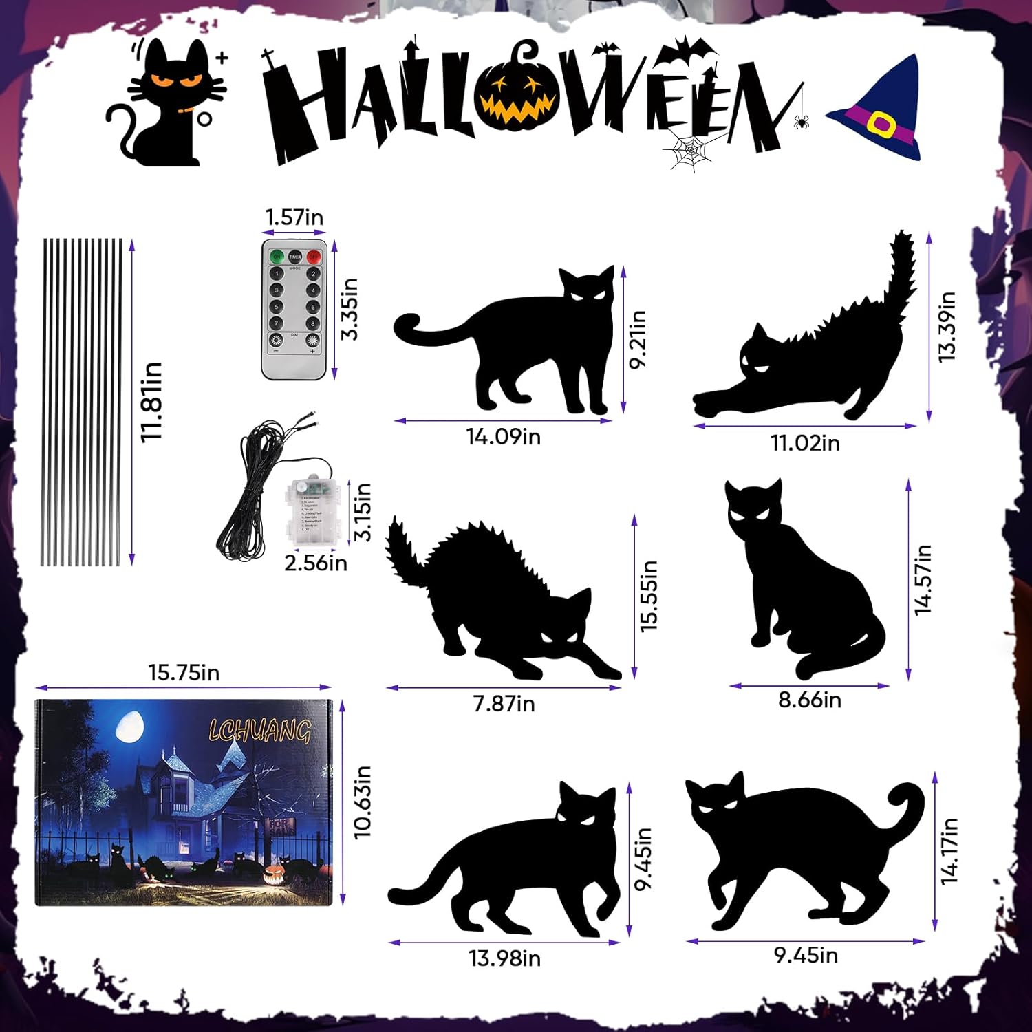 6Pack Black Cat Halloween Decorations Outdoor with LED Glowing Eyes Lights Black Cat Yard Stakes Halloween Decor, Waterproof Outside Cats Blow up Scary Patio Lawn Decorations