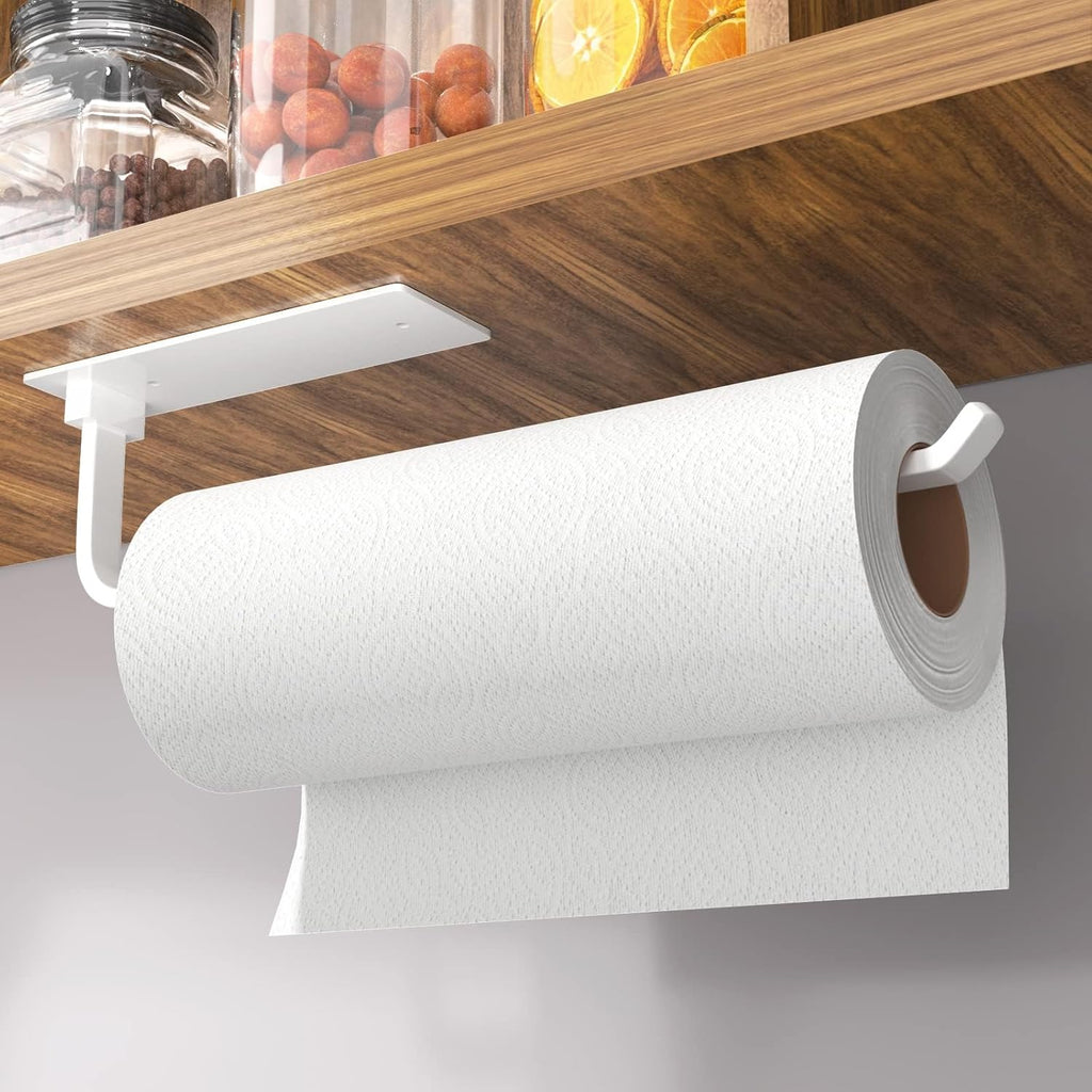 Paper Towel Holder - Self-Adhesive or Drilling, Matte Black, Upgraded Aluminum Kitchen Roll Dispenser Under Cabinet, Lighter but Stronger Than Stainless Steel!