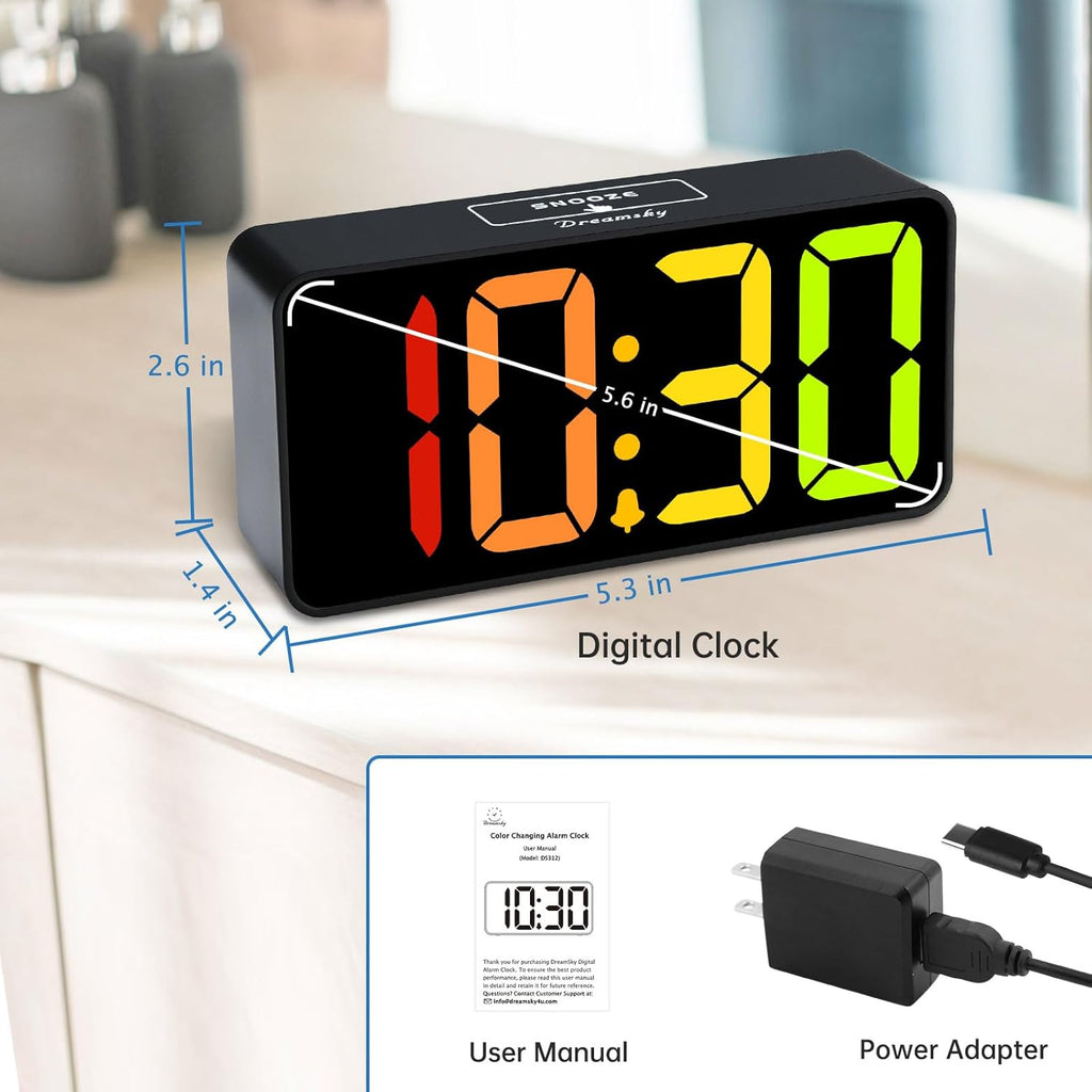 DreamSky Small Digital Alarm Clock for Bederoom, Large Big Numbers Display with Dimmer for Living Room, Electric Bedside Desk Clock with USB Charging Port, Adjustable Volume, USB-C Adapter Powered