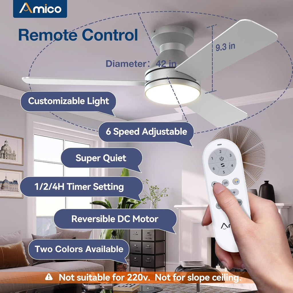 Amico Ceiling Fans with Lights, 42 inch Low Profile Ceiling Fan with Light and Remote Control, Flush Mount, Reversible, 3CCT, Dimmable, Noiseless, Black Ceiling Fan for Bedroom, Indoor/Outdoor Use