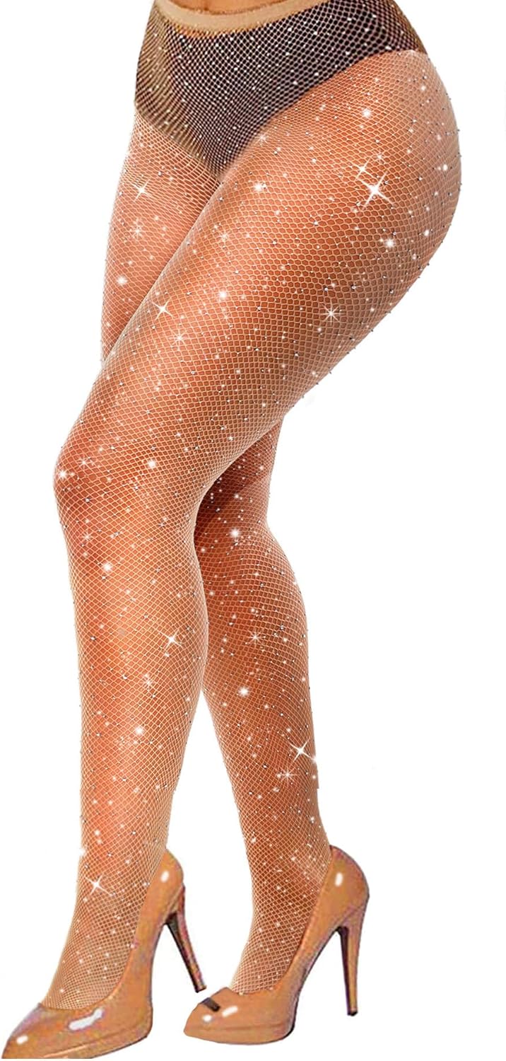 VEBZIN Sexy Sparkly Fishnets Stockings Jeweled High Waist Fishnet Tights for Women Rhinestone Party Pantyhose