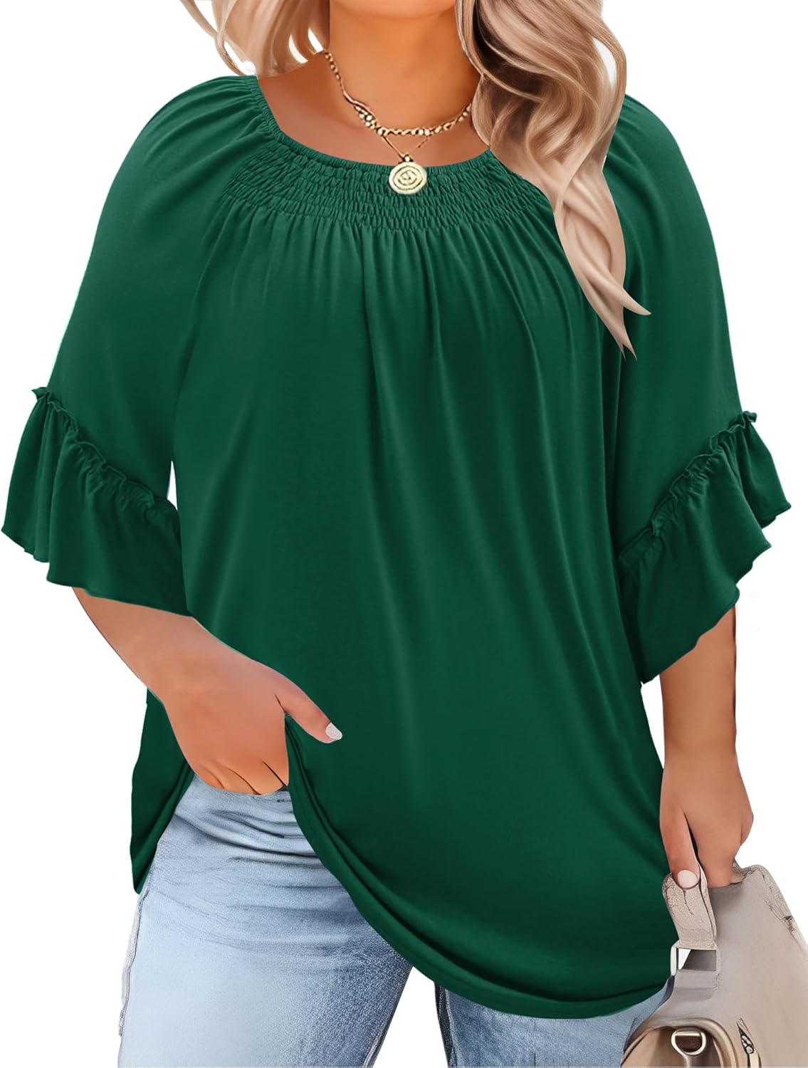 Micoson Womens Plus Size Tops 3/4 Ruffle Sleeve Shirts Crewneck Pleated Blouses Dressy Casual Fashion Tunic Top (1X-5X)