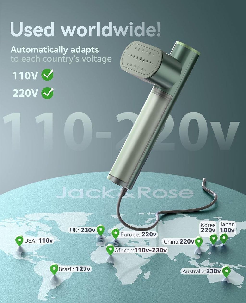 Jack ＆ Rose Travel Steamer for Clothes,100-220V Portable Iron,15s Heat Up,Steamer ＆ Iron 2 In 1, Travel Size,Large Ceramic Heat Panel,for Global ＆ Europe