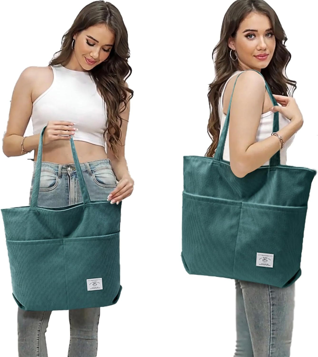 KALIDI Women Corduroy Tote Bag Zipper Casual Tote's Handbag Big Capacity Shoulder Bag with Pockets