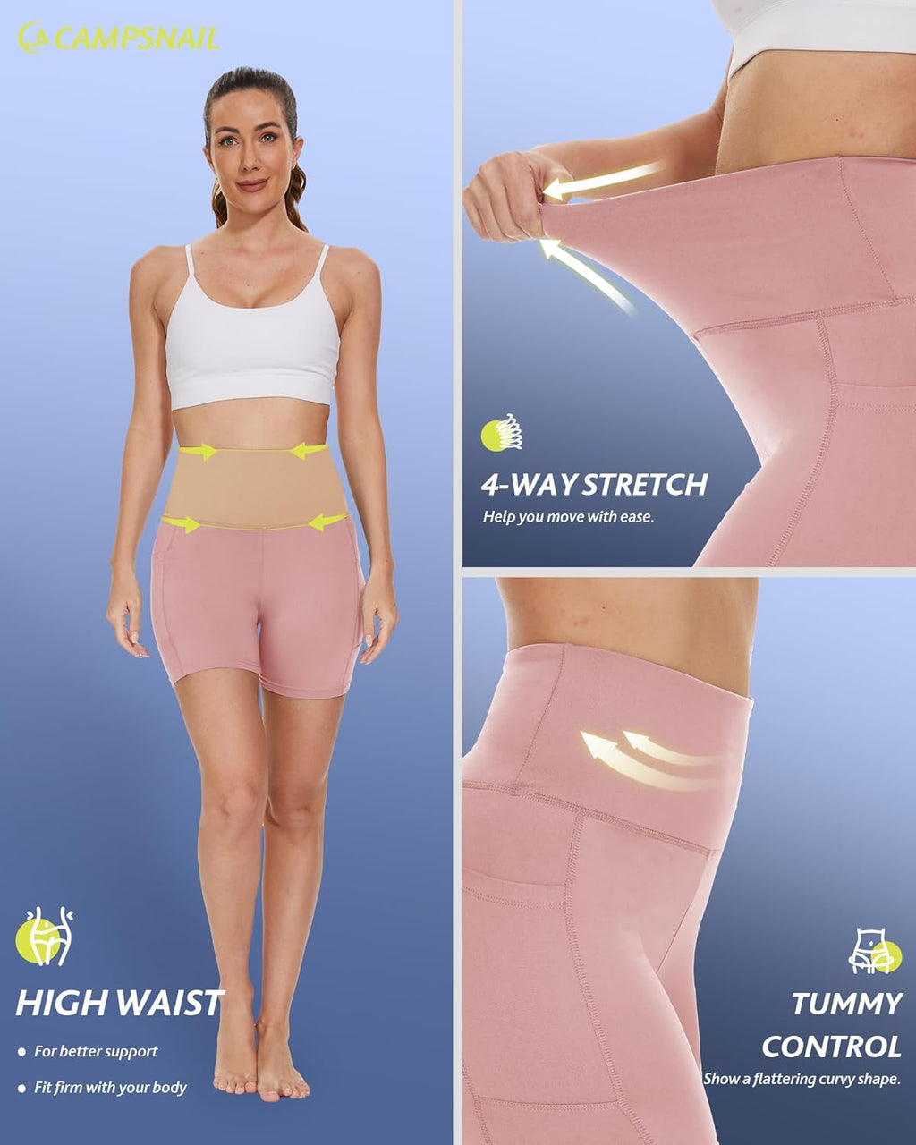 CAMPSNAIL Biker Shorts Women with Pockets - 3"/5"/8" High Waisted Workout Spandex Tummy Control Gym Running Yoga Shorts