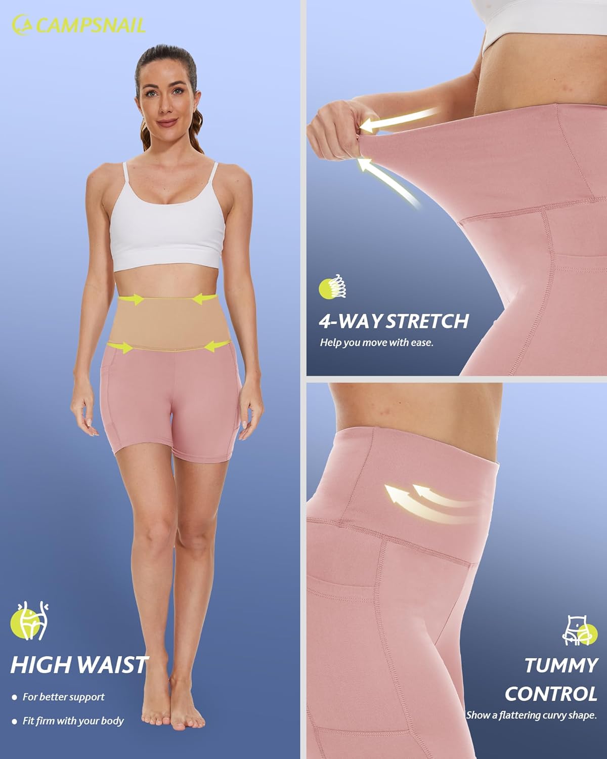 CAMPSNAIL Biker Shorts Women with Pockets - 3"/5"/8" High Waisted Workout Spandex Tummy Control Gym Running Yoga Shorts