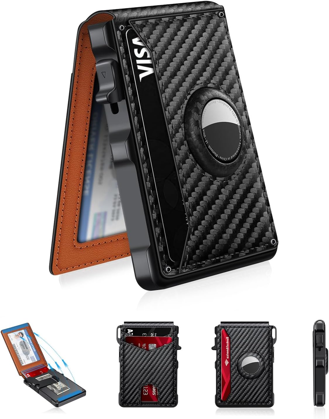 Airtag Wallet for Men, Mens Smart Wallet for Air Tag RFID Blocking, Minimalist Bifold Pop Up Aluminum Credit Card Case Holder 12+ Cards with ID Window, Gift for Men, No Airtag Included, Carbon Fiber