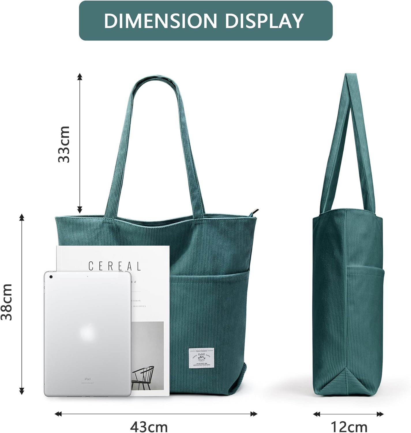 KALIDI Women Corduroy Tote Bag Zipper Casual Tote's Handbag Big Capacity Shoulder Bag with Pockets