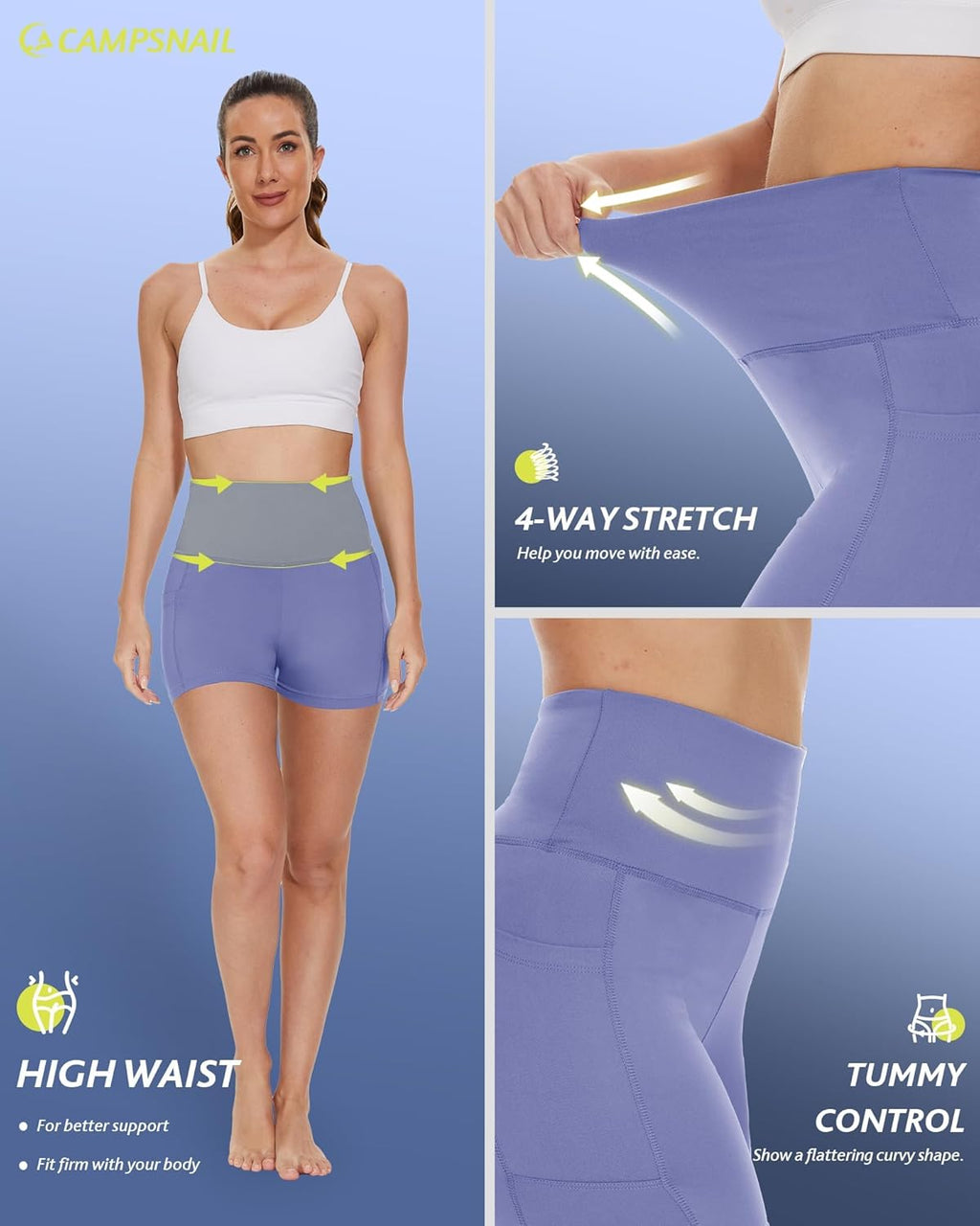 CAMPSNAIL Biker Shorts Women with Pockets - 3"/5"/8" High Waisted Workout Spandex Tummy Control Gym Running Yoga Shorts