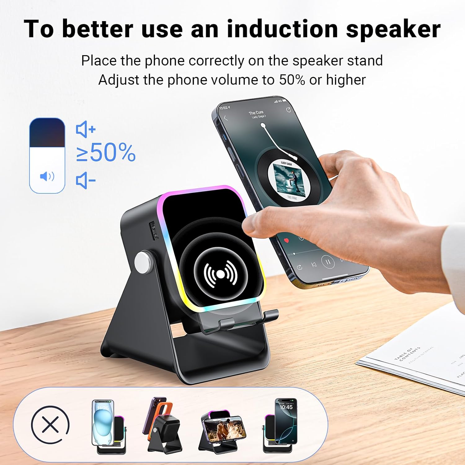 Induction Speaker with Phone Stand 5 in 1 Wireless Induction Bluetooth Audio for iPhone Android Phone Speakers Amplifier with Rechargeable Colorful Light, Birthday Gifts for Men Women Teens (Black)