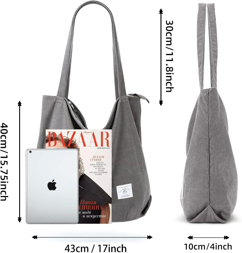 KALIDI Women Corduroy Tote Bag Zipper Casual Tote's Handbag Big Capacity Shoulder Bag with Pockets