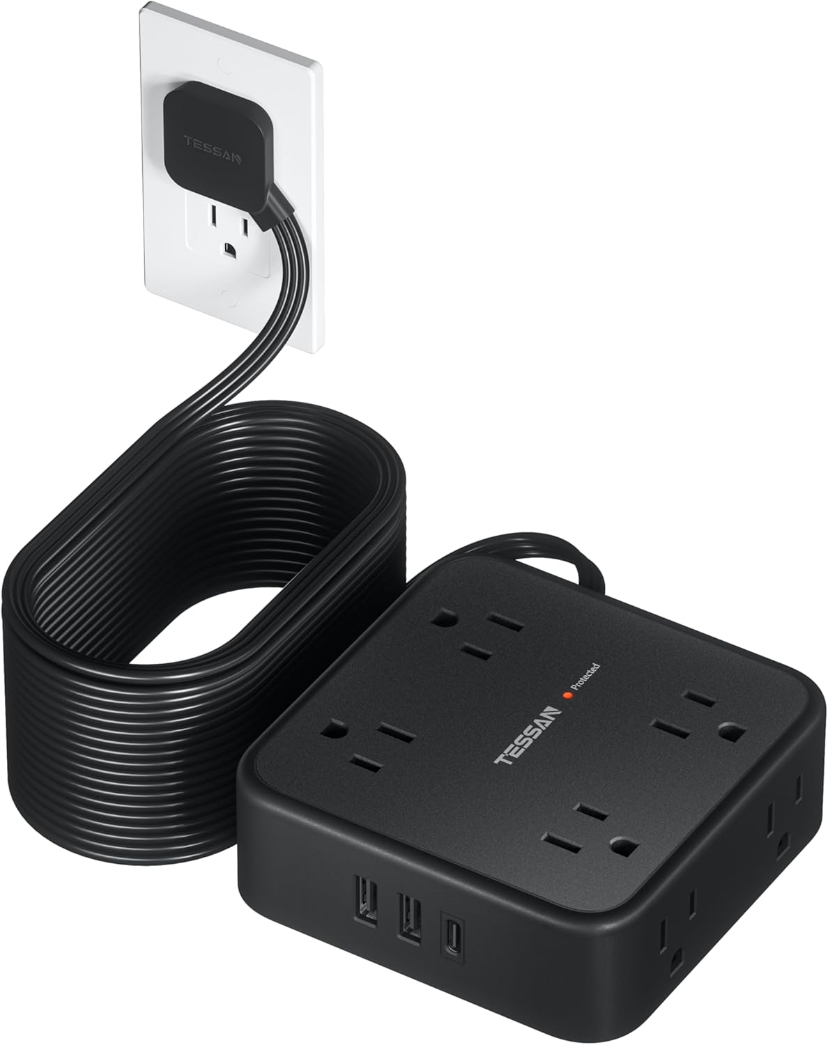 TESSAN Surge Protector Power Strip, 5 Ft Flat Plug Extension Cord with 3 USB (1 USB C) 8 Outlets, 900J Surge Protection, 3 Sided Outlet Extender with Power Switch for Office, Dorm Room Essentials