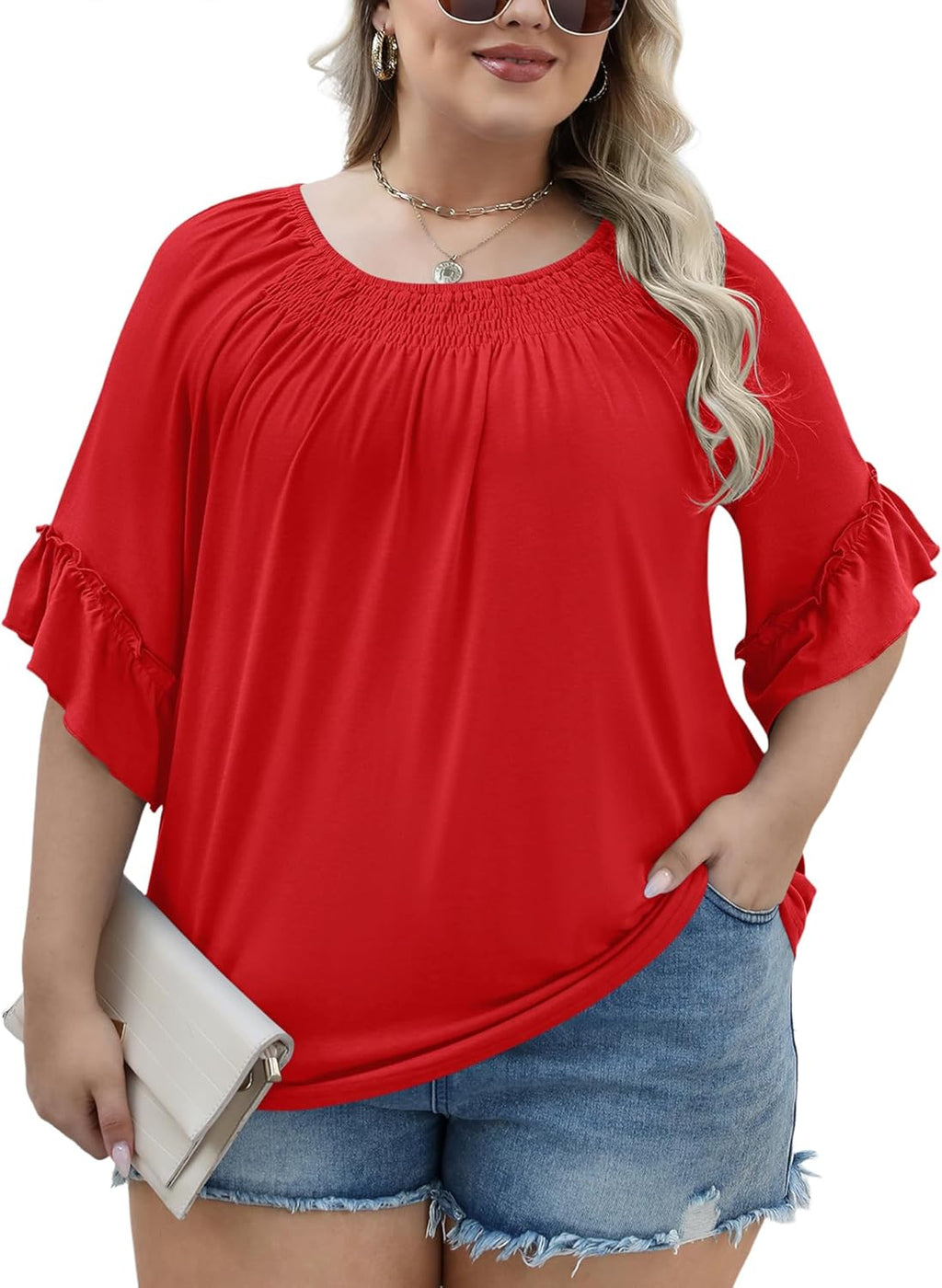 Micoson Womens Plus Size Tops 3/4 Ruffle Sleeve Shirts Crewneck Pleated Blouses Dressy Casual Fashion Tunic Top (1X-5X)