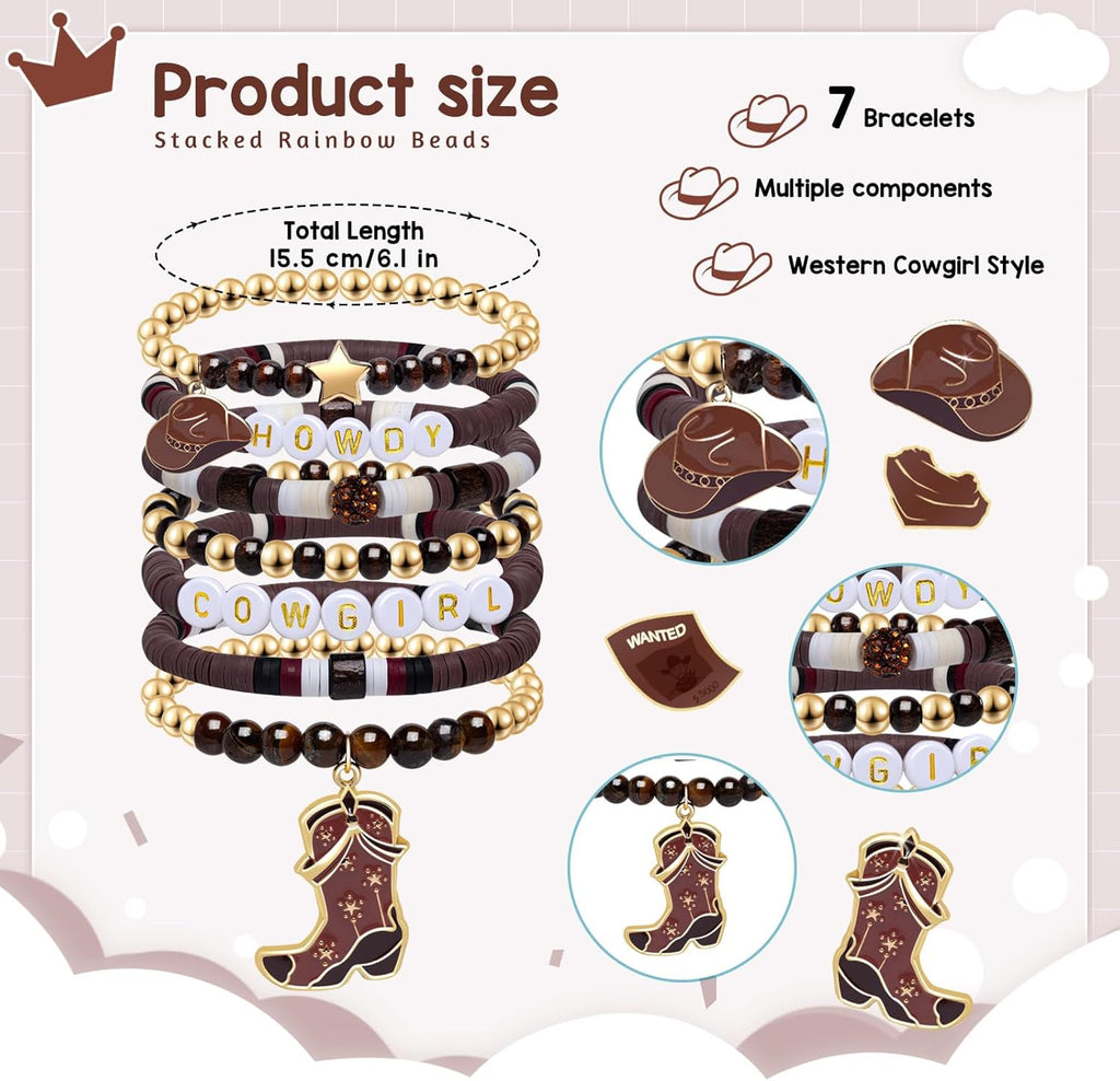 Artlunar Western Cowgirl Beaded Stretch Bracelets, Stackable cowgirl hat boot accessories, Bohemian Jewelry for Women Girls Teens Christmas Birthday Gift