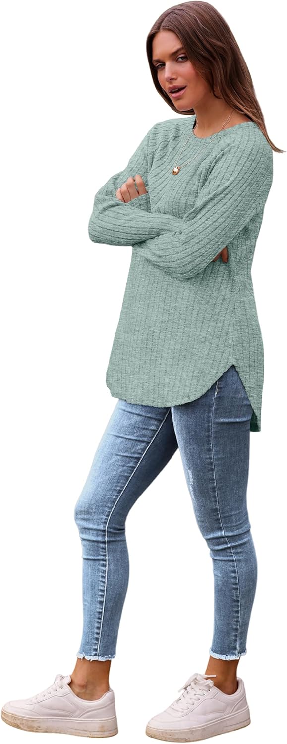 Saloogoe Long Sleeve Shirts for Women 2025 Fall Clothes Tunic Tops Loose Fit Dressy Crewneck Pullover Sweaters Curved Hem