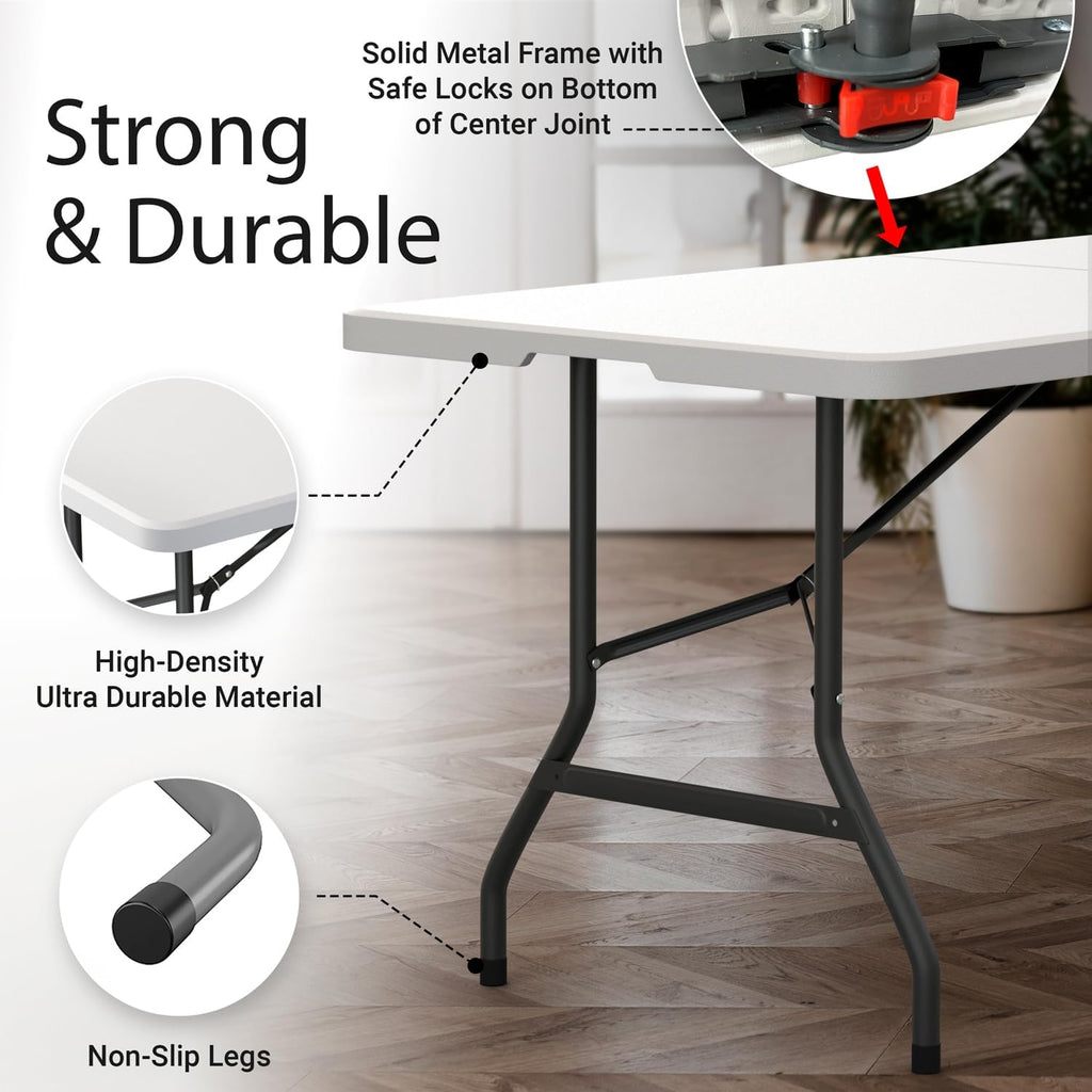6 Feet Foldable Table with Built in Handle & Steel Legs | Heavy Duty Portable | Perfect for Party, Dining, Wedding, Events, Picnic Indoor, Outdoor, Camping, Utility, Folding