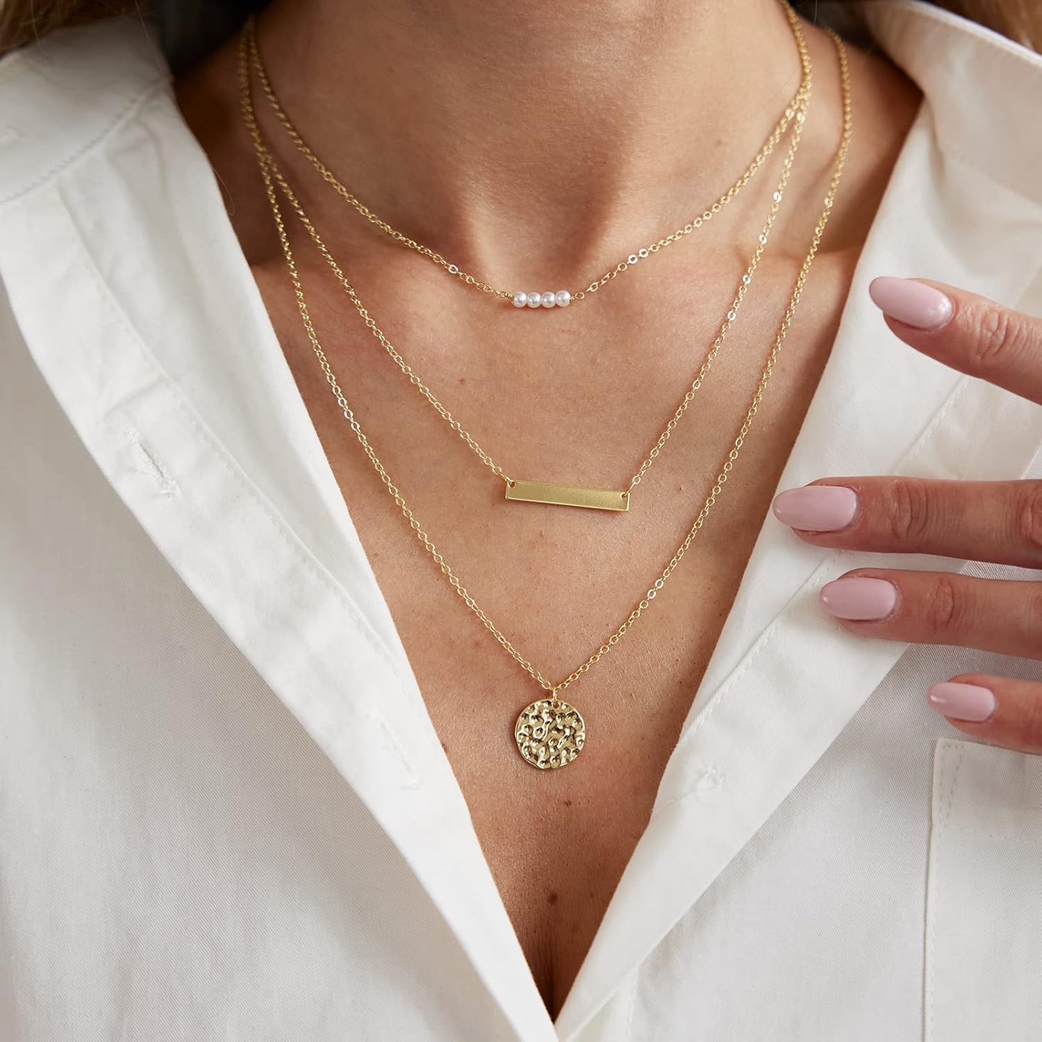 Dainty Pearl Pendant Necklaces for Women 14K Gold Plated Handmade Layered Pearl Chain Necklace Delicate Layered Pearl Necklace Everyday Jewelry Gift