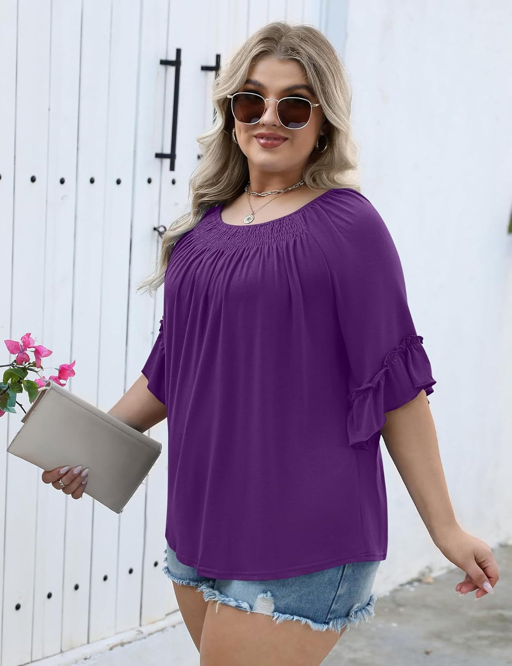 Micoson Womens Plus Size Tops 3/4 Ruffle Sleeve Shirts Crewneck Pleated Blouses Dressy Casual Fashion Tunic Top (1X-5X)