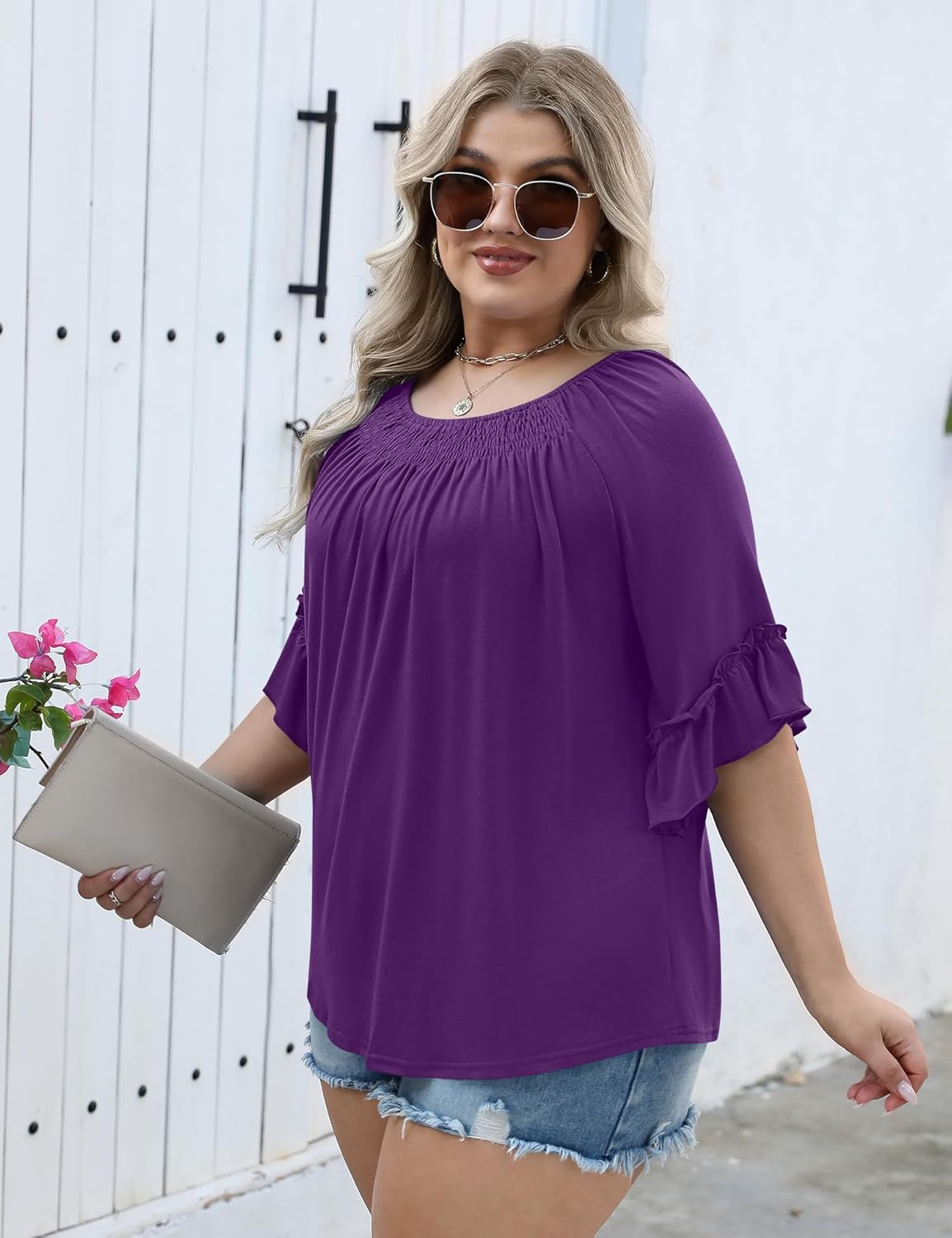 Micoson Womens Plus Size Tops 3/4 Ruffle Sleeve Shirts Crewneck Pleated Blouses Dressy Casual Fashion Tunic Top (1X-5X)