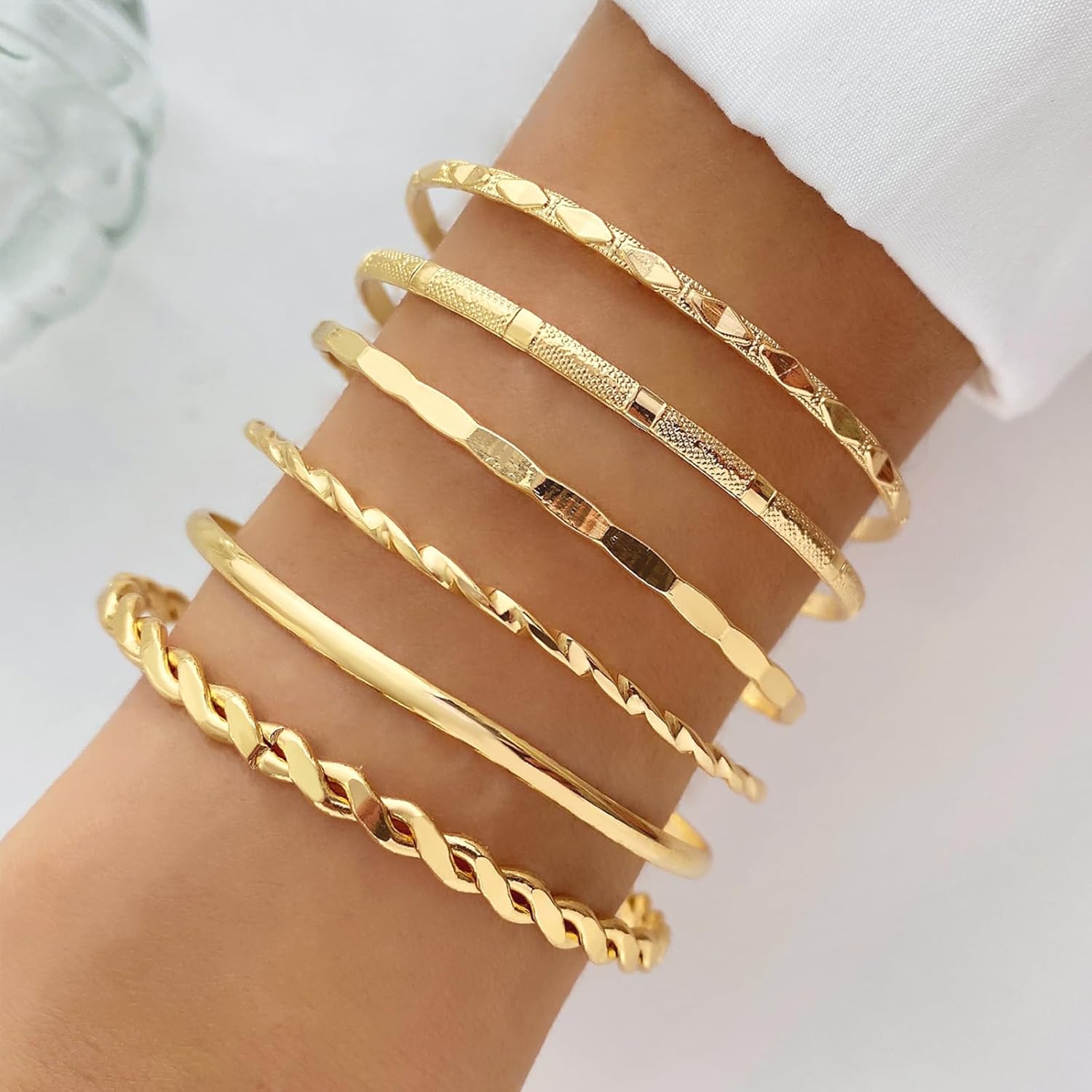 IFKM Gold Bangle Bracelets For Women, 14k Gold Plated Multi Layer Stackable Cuff Bracelet Set, Trendy Elegance Charms Non Tarnish Minimalist Textured Boho Jewelry Gift for Women