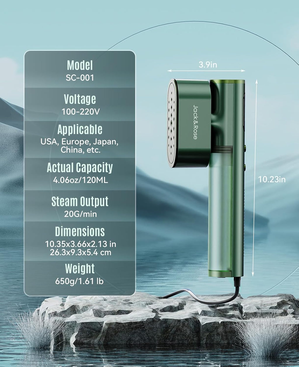 Jack ＆ Rose Travel Steamer for Clothes,100-220V Portable Iron,15s Heat Up,Steamer ＆ Iron 2 In 1, Travel Size,Large Ceramic Heat Panel,for Global ＆ Europe