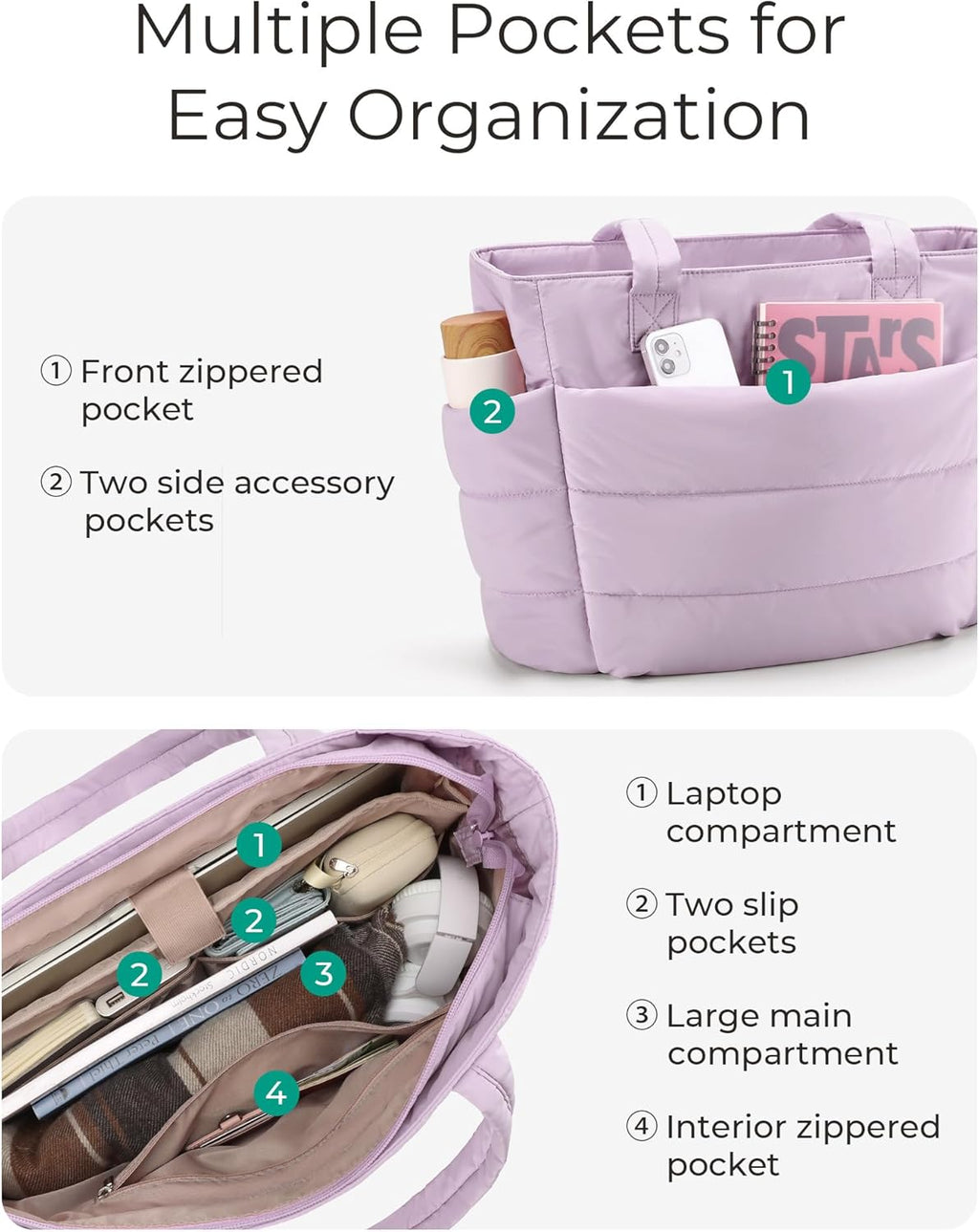 BAGSMART Tote Bag for Women, Lightweight Puffy Tote Bag with Compartments Shoulder Bag Handbag for Travel, Work, Gym