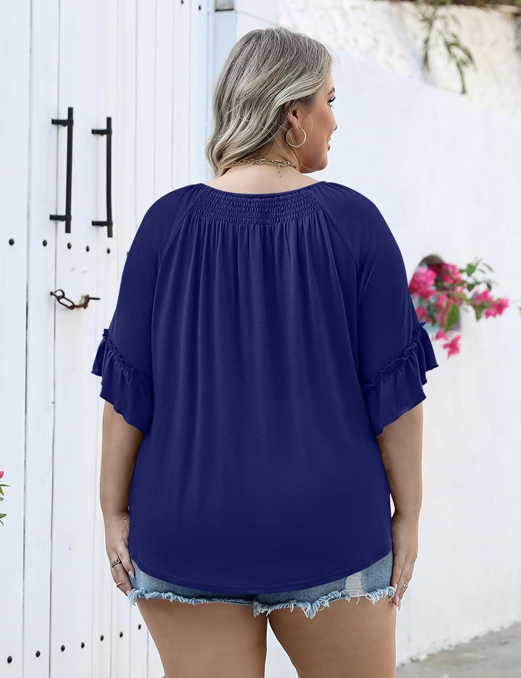 Micoson Womens Plus Size Tops 3/4 Ruffle Sleeve Shirts Crewneck Pleated Blouses Dressy Casual Fashion Tunic Top (1X-5X)