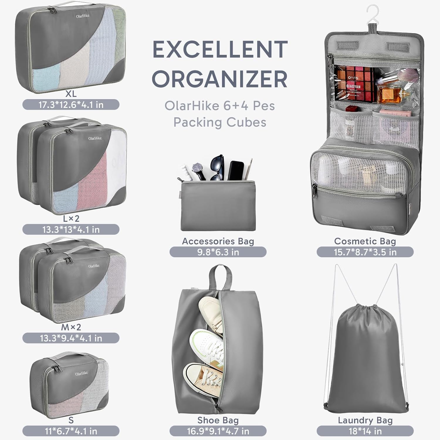 10 Set/8 Set Packing Cubes for Travel, Gifts for Women Mom,Anti-Tearing Suitcase Organizer for Luggage with Shoe & Hanging Toiletry Bag,OlarHike Vacation Essentials & Accessories for Cruise Ship,Cream