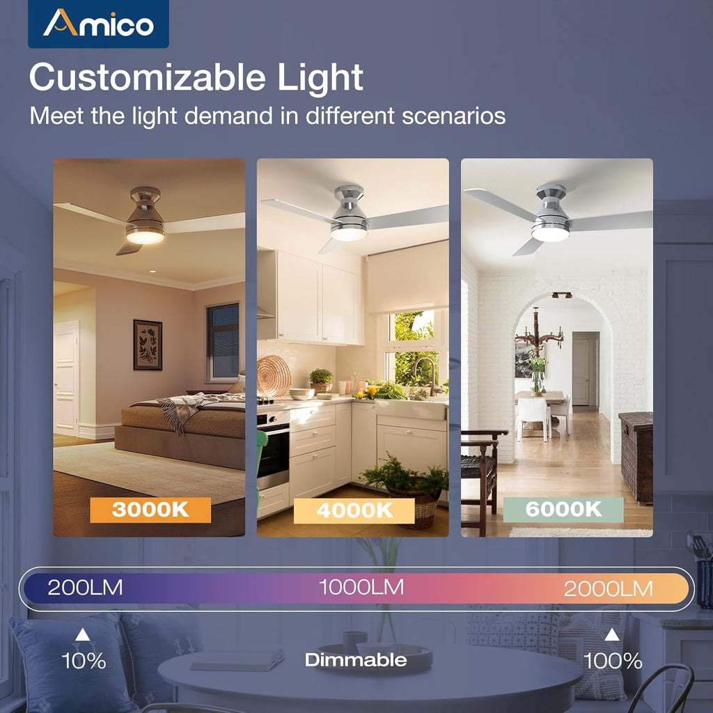 Amico Ceiling Fans with Lights, 42 inch Low Profile Ceiling Fan with Light and Remote Control, Flush Mount, Reversible, 3CCT, Dimmable, Noiseless, Black Ceiling Fan for Bedroom, Indoor/Outdoor Use