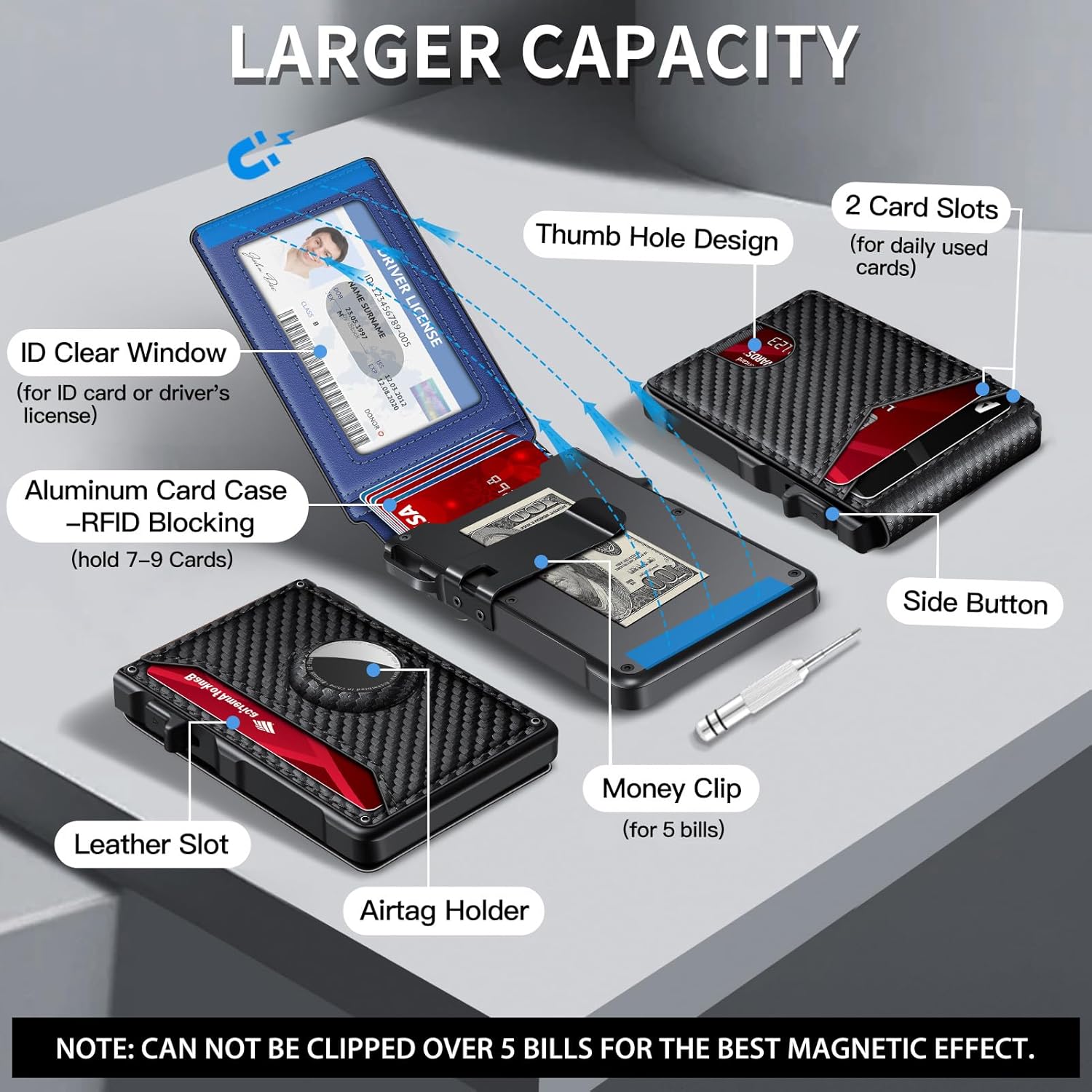 Airtag Wallet for Men, Mens Smart Wallet for Air Tag RFID Blocking, Minimalist Bifold Pop Up Aluminum Credit Card Case Holder 12+ Cards with ID Window, Gift for Men, No Airtag Included, Carbon Fiber