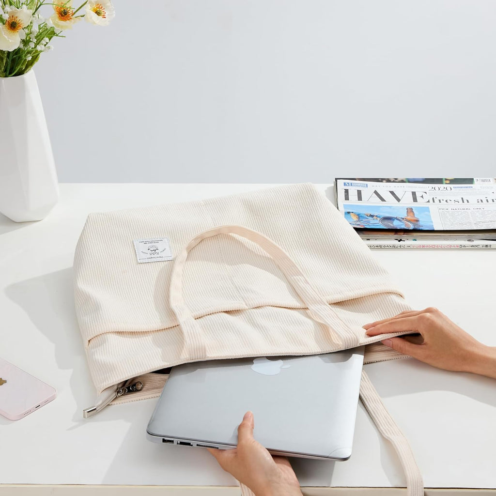 KALIDI Women Corduroy Tote Bag Zipper Casual Tote's Handbag Big Capacity Shoulder Bag with Pockets