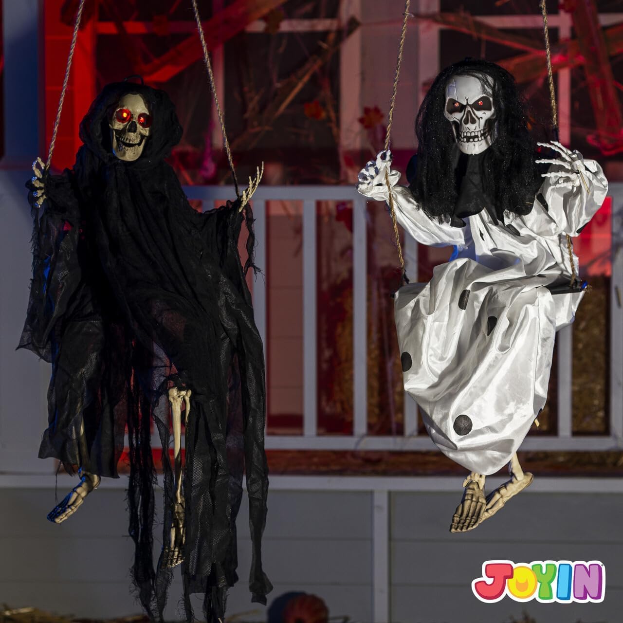 JOYIN 2 Pcs Halloween Hanging Swinging Ghosts Decorations Outdoor, Halloween Scary Decor with Lighted Up Eyes, Creepy Swinging Skeleton Flying Props for Yard Patio Lawn Garden