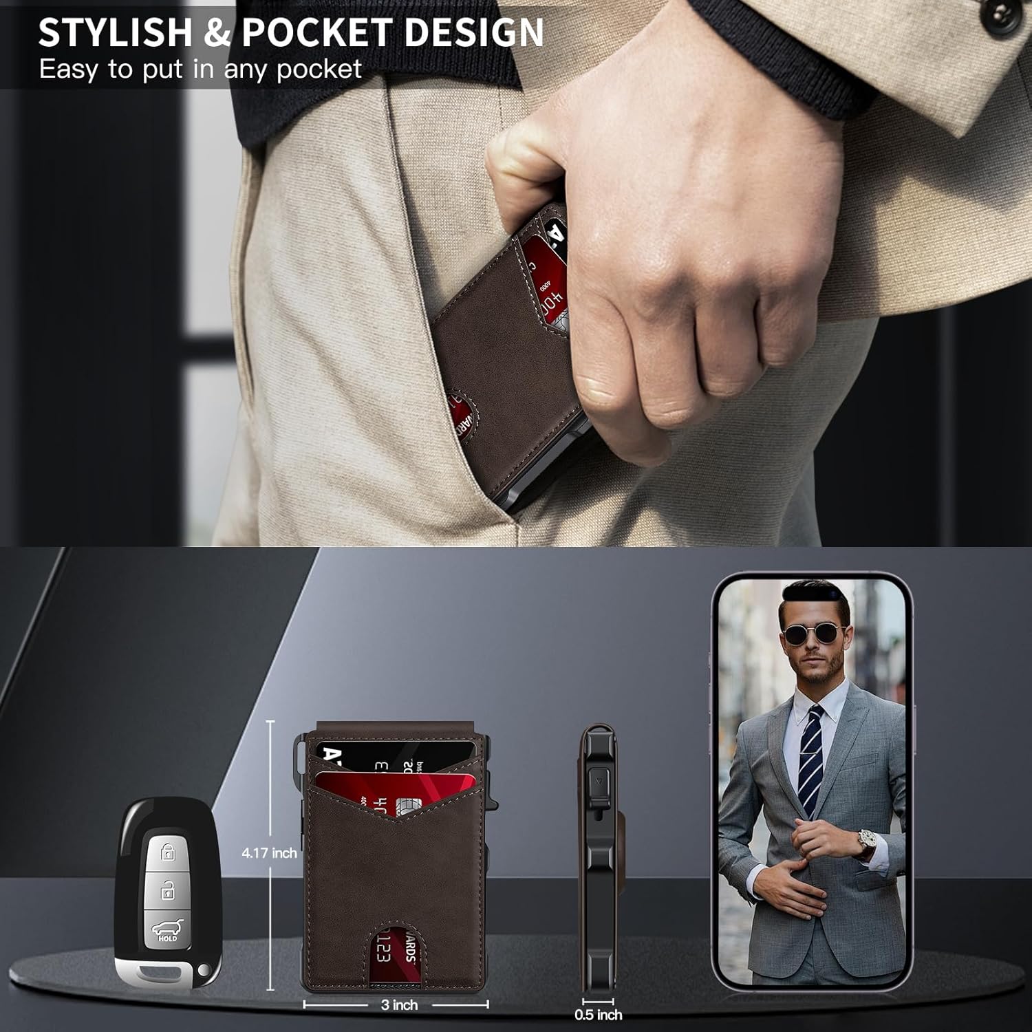 Airtag Wallet for Men, Mens Smart Wallet for Air Tag RFID Blocking, Minimalist Bifold Pop Up Aluminum Credit Card Case Holder 12+ Cards with ID Window, Gift for Men, No Airtag Included, Carbon Fiber