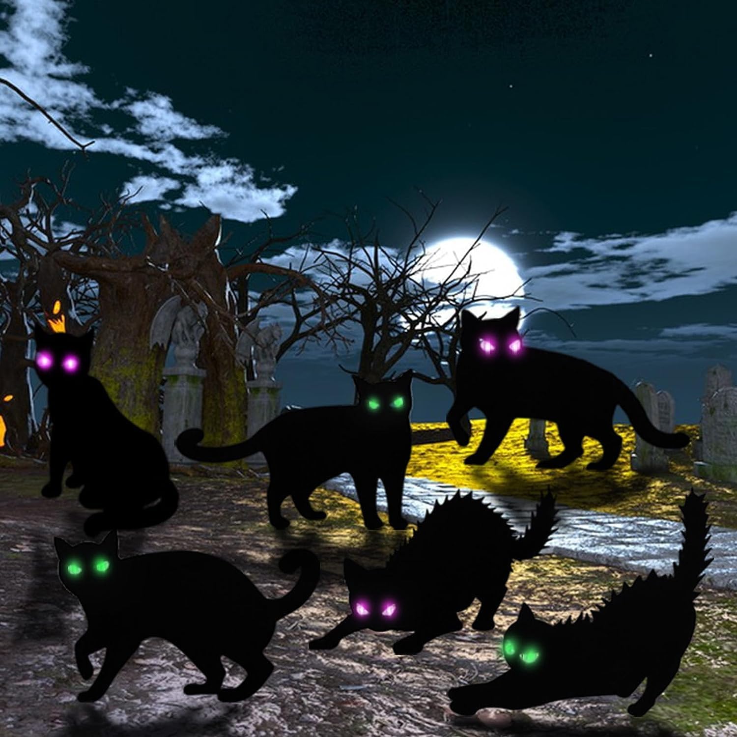 6Pack Black Cat Halloween Decorations Outdoor with LED Glowing Eyes Lights Black Cat Yard Stakes Halloween Decor, Waterproof Outside Cats Blow up Scary Patio Lawn Decorations