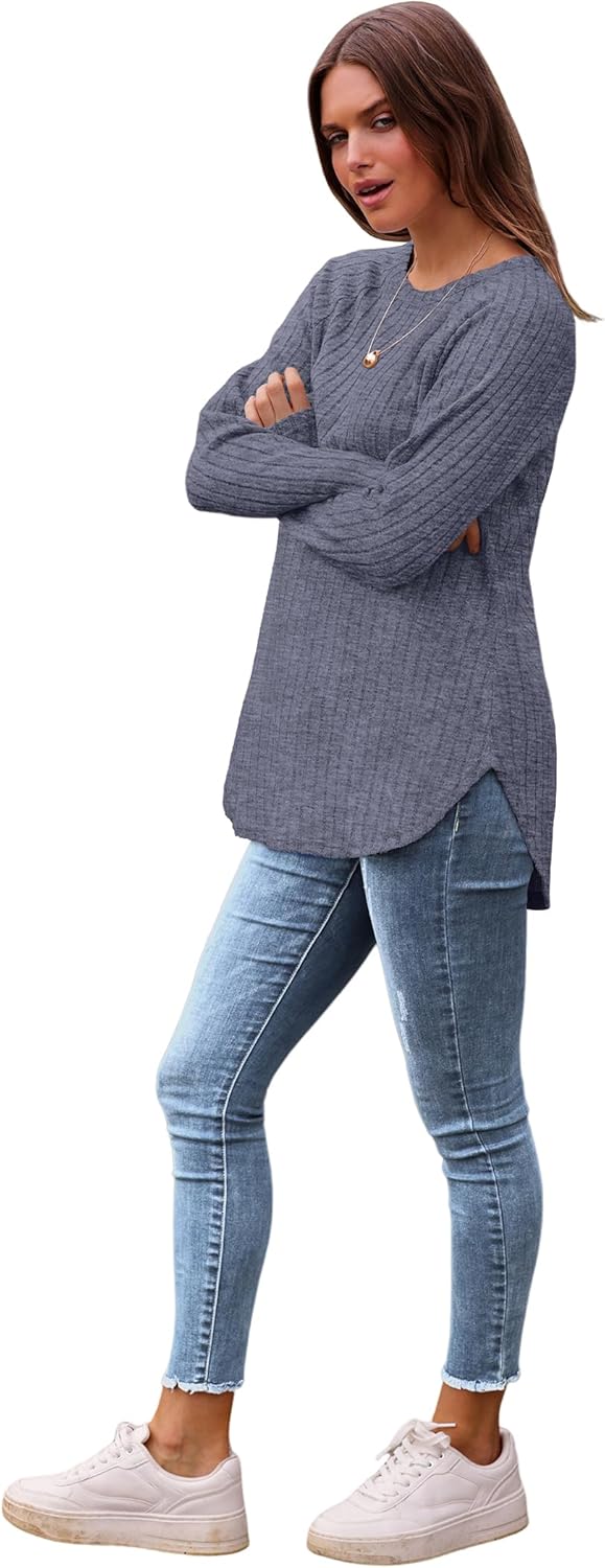 Saloogoe Long Sleeve Shirts for Women 2025 Fall Clothes Tunic Tops Loose Fit Dressy Crewneck Pullover Sweaters Curved Hem