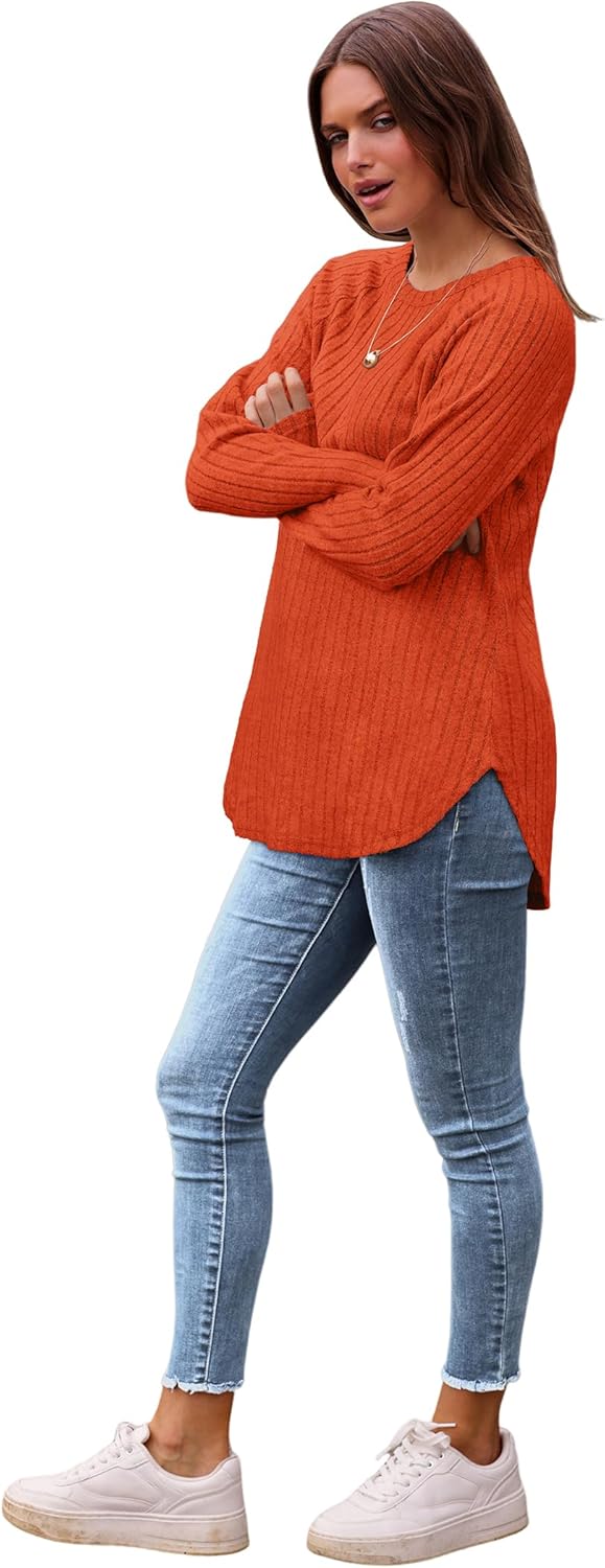 Saloogoe Long Sleeve Shirts for Women 2025 Fall Clothes Tunic Tops Loose Fit Dressy Crewneck Pullover Sweaters Curved Hem