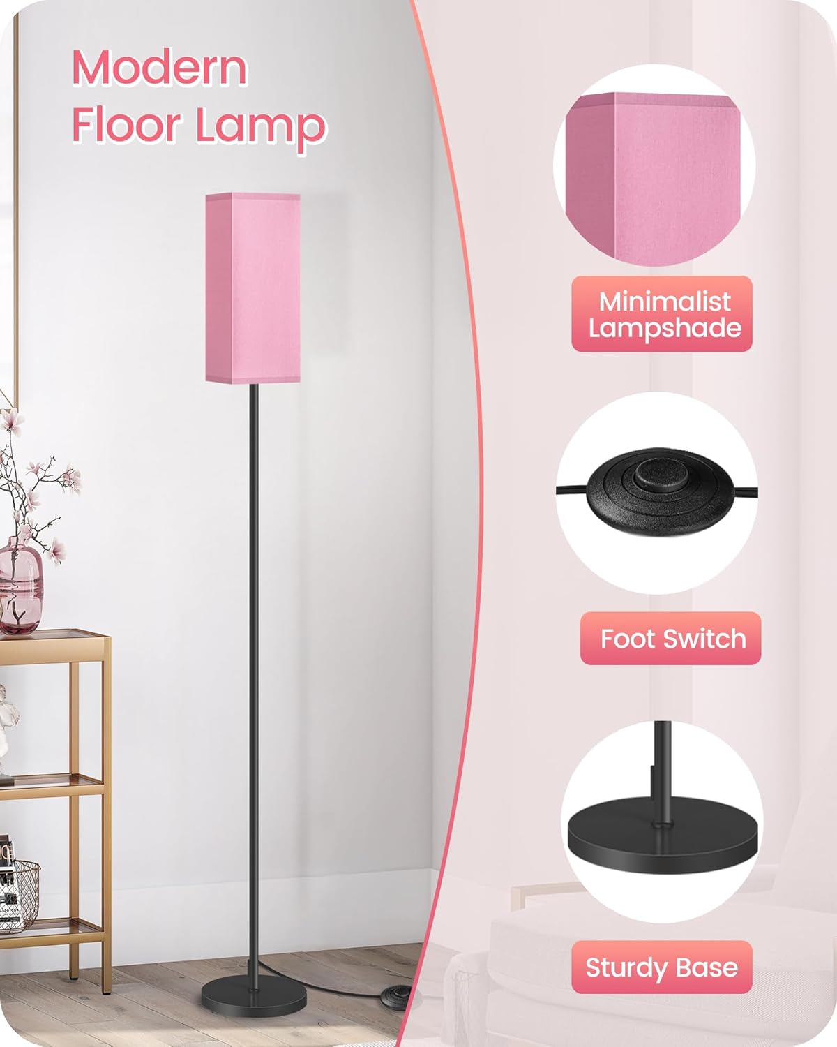 64.6" Floor Lamp, Pole with Foot Switch, Modern Standing Lamp Lampshade, Minimalist Freestanding Lamp (Bulb Not Included), for Living Room, Bedroom Office ETL Listed, Black and Beige E07LD05