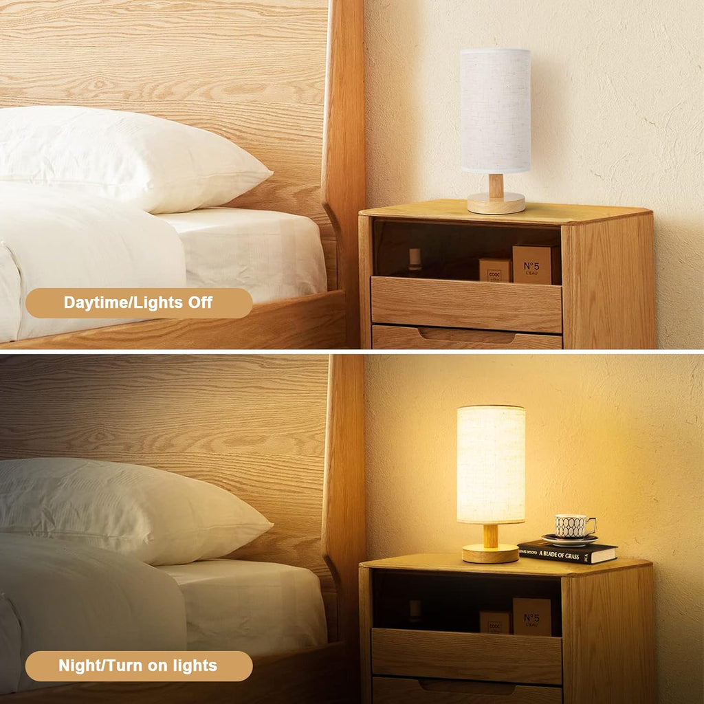 Small Bedside Table Lamp for Bedroom, Minimalist Wood Base & Round Fabric Shade, Mini Cute Cozy Warm White Nightstand Boho Lamp, Study Desk Night Stand Light for Room, Dorm, Nursery, Living Room