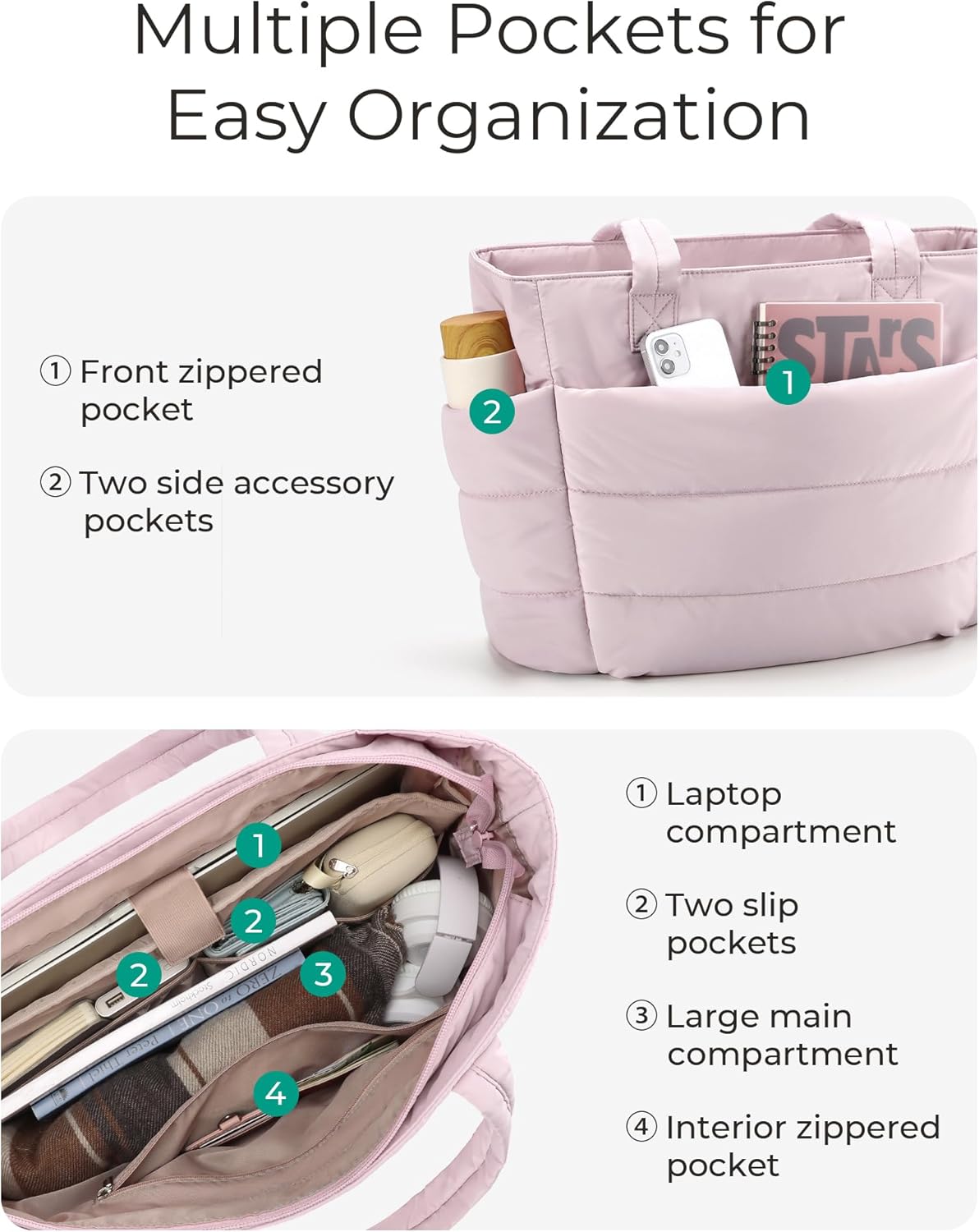 BAGSMART Tote Bag for Women, Lightweight Puffy Tote Bag with Compartments Shoulder Bag Handbag for Travel, Work, Gym