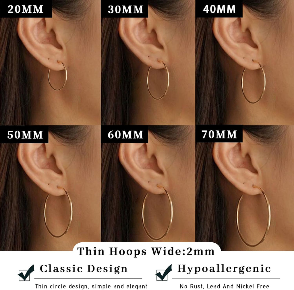 Senteria 2mm Wide 925 Sterling Silver Hoop Earrings for Women Hypoallergenic Lightweight Thin Large Big Gold Plated Hoops Earrings for Women 20/30/50/70MM