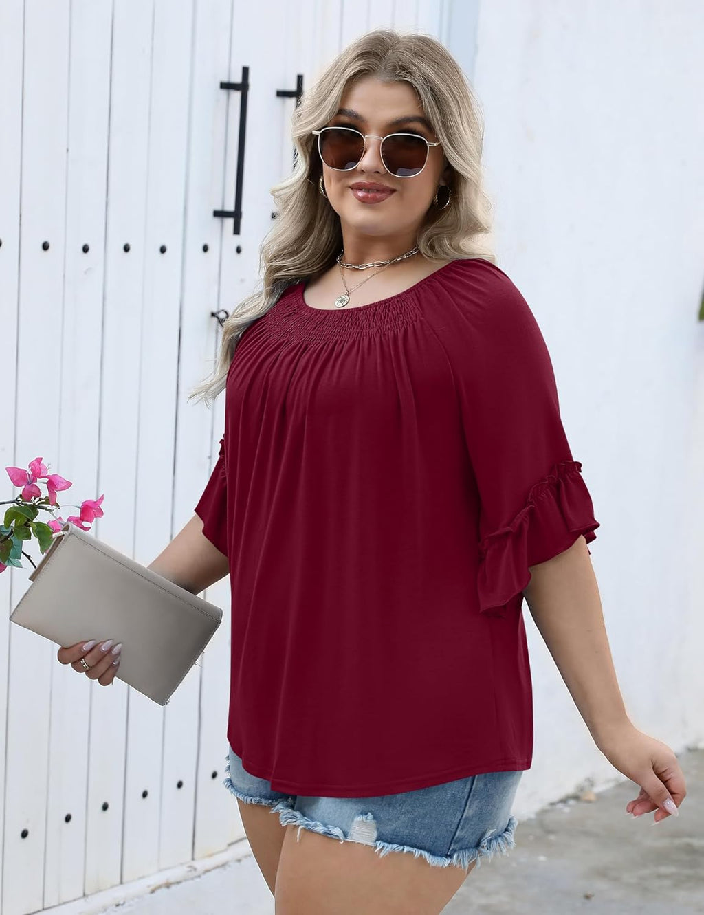 Micoson Womens Plus Size Tops 3/4 Ruffle Sleeve Shirts Crewneck Pleated Blouses Dressy Casual Fashion Tunic Top (1X-5X)